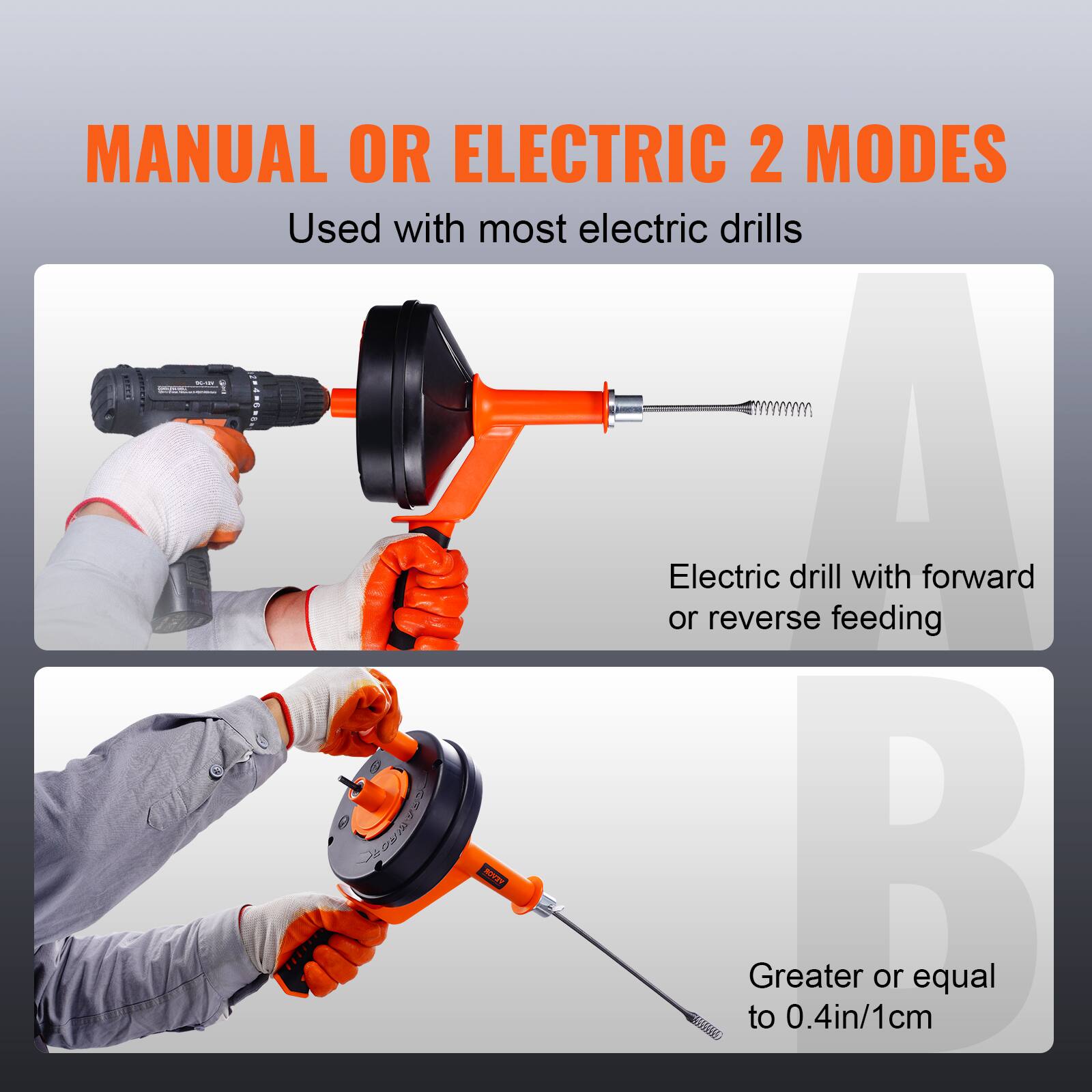 MANUAL OR ELECTRIC 2 MODES Used with most electric drills A Electric drill with forward or reverse feeding B Greater or equal to 0.4in/1cm