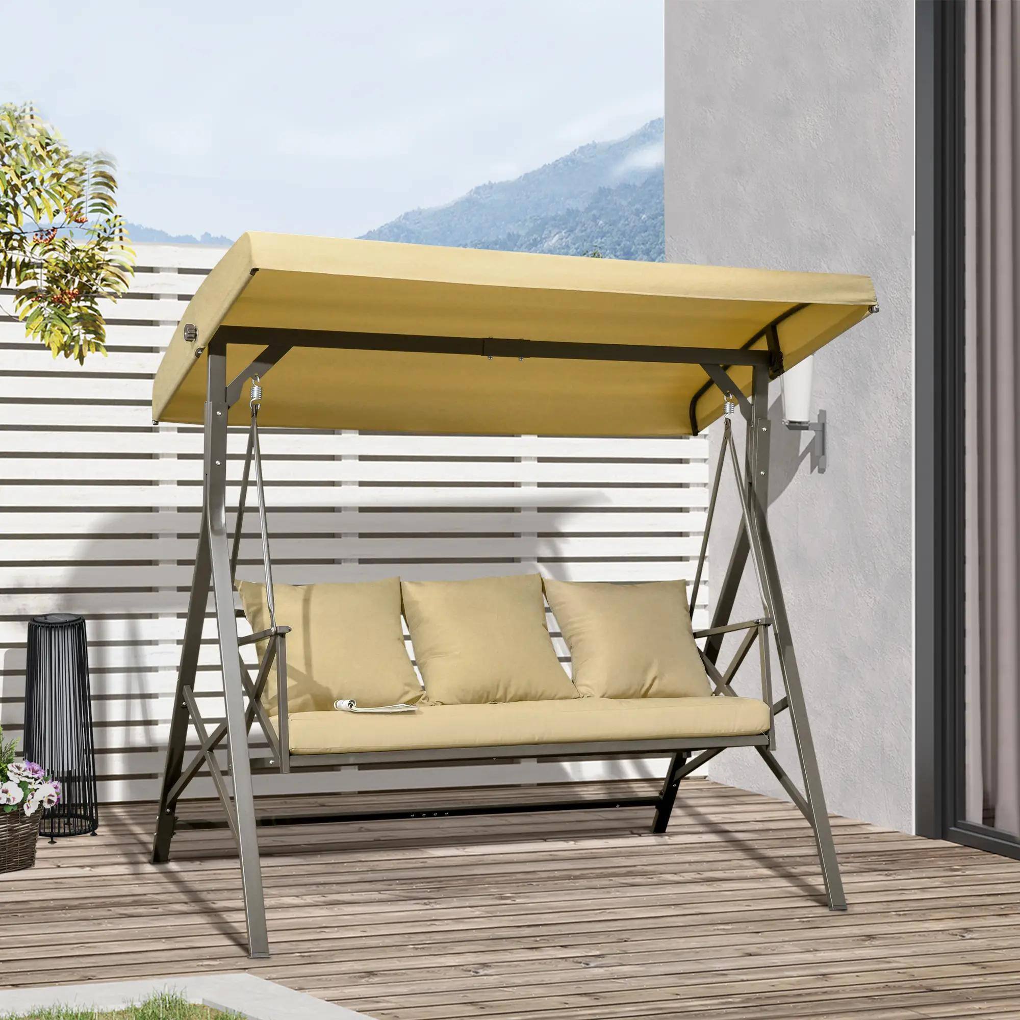 Left. Resenkos - Resenkos 3-Seat Swing Chair, Cozy Porch Glider With Cushions, 3 Pillow Set, Sunshade Canopy, Khaki.