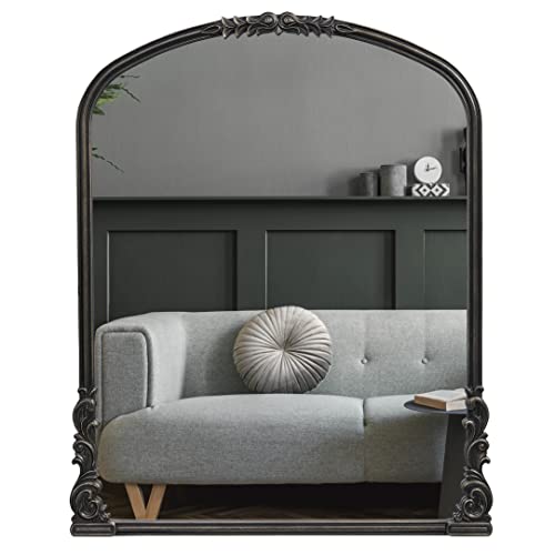 Comfort Essence - English Estate Carved Arch Wood Wall Mirror For Entryway Living Room Bathroom Antique 25 6x33 4 QUALITY - Antique Black-35"L x 28.4"W