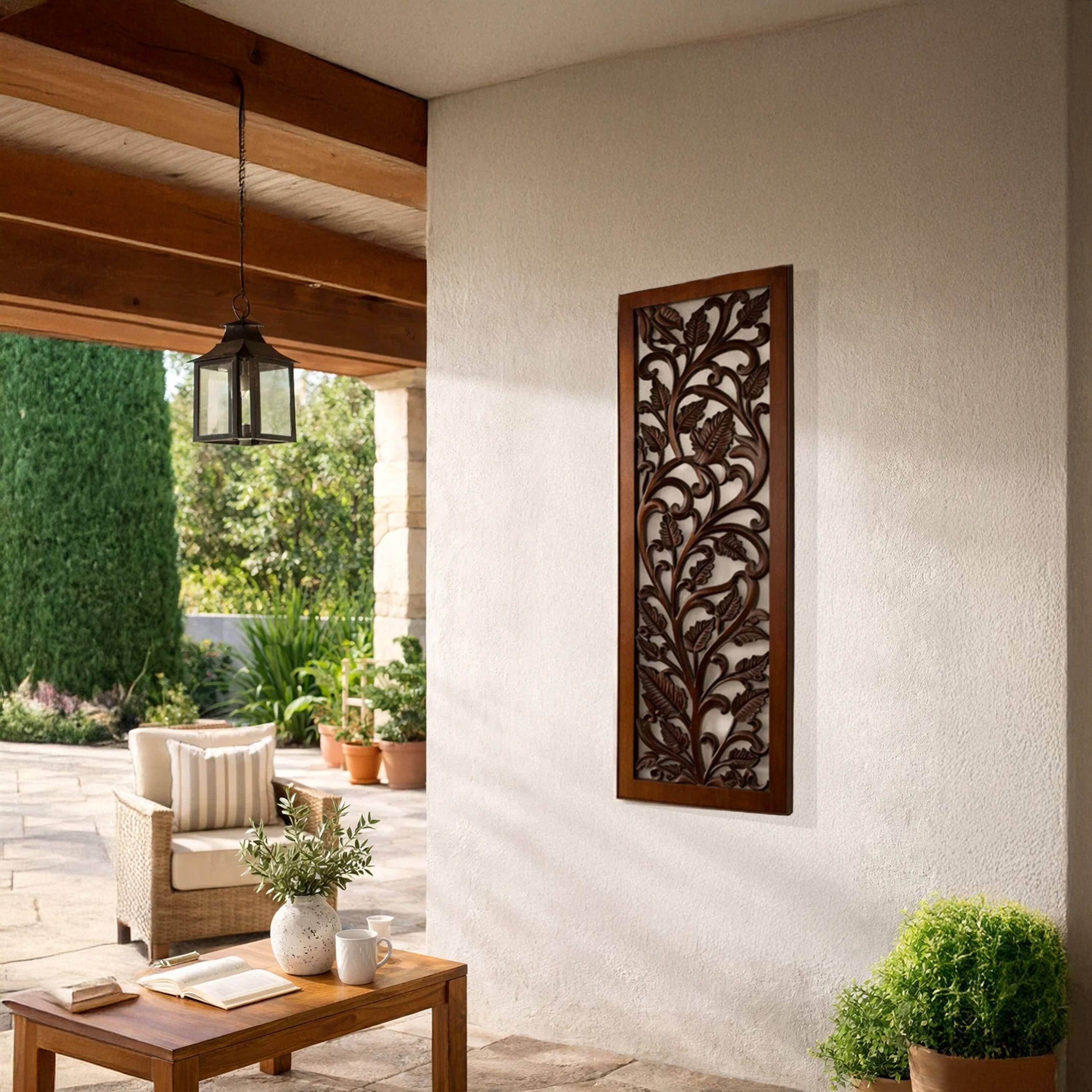 Alt View 6. Manhattan Lane - Mango Wood Wall Panel Hand Crafted with Leaves and Scroll Work Motif - Brown.