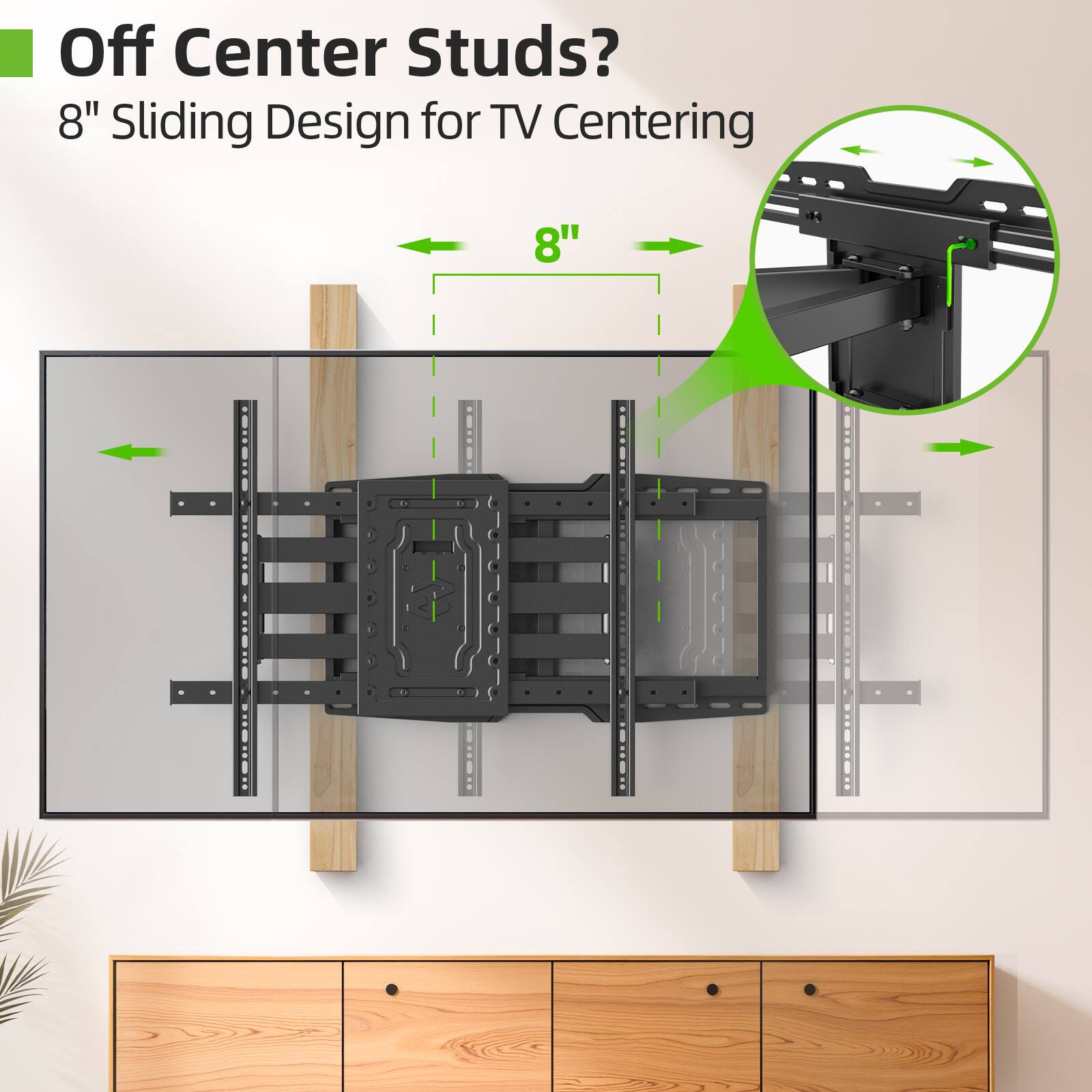 Off Center Studs? 8" Sliding Design for TV Centering 8"
