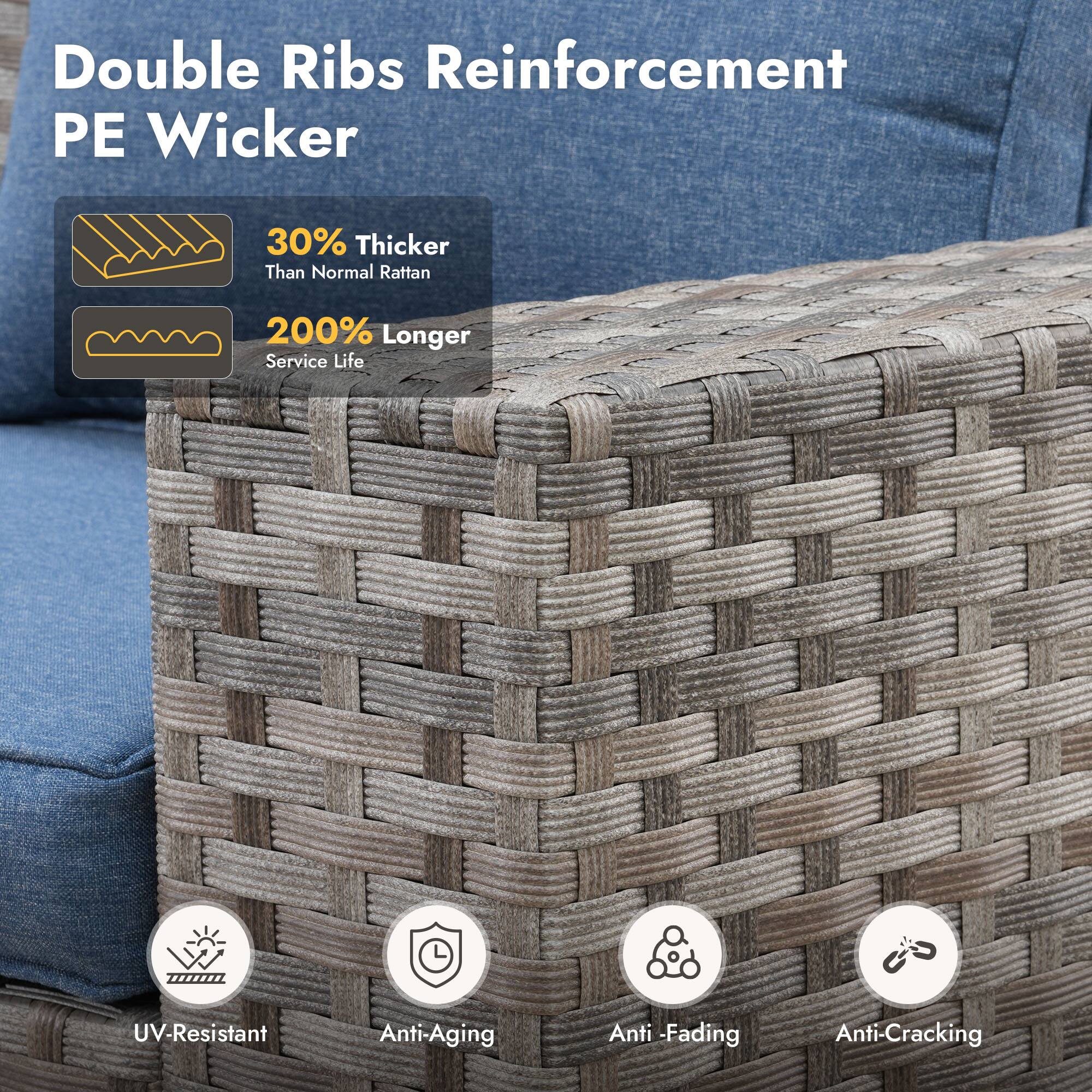 Double Ribs Reinforcement PE Wicker

- 30% Thicker Than Normal Rattan
- 200% Longer Service Life

Features:
- UV-Resistant
- Anti-Aging
- Anti-Fading
- Anti-Cracking