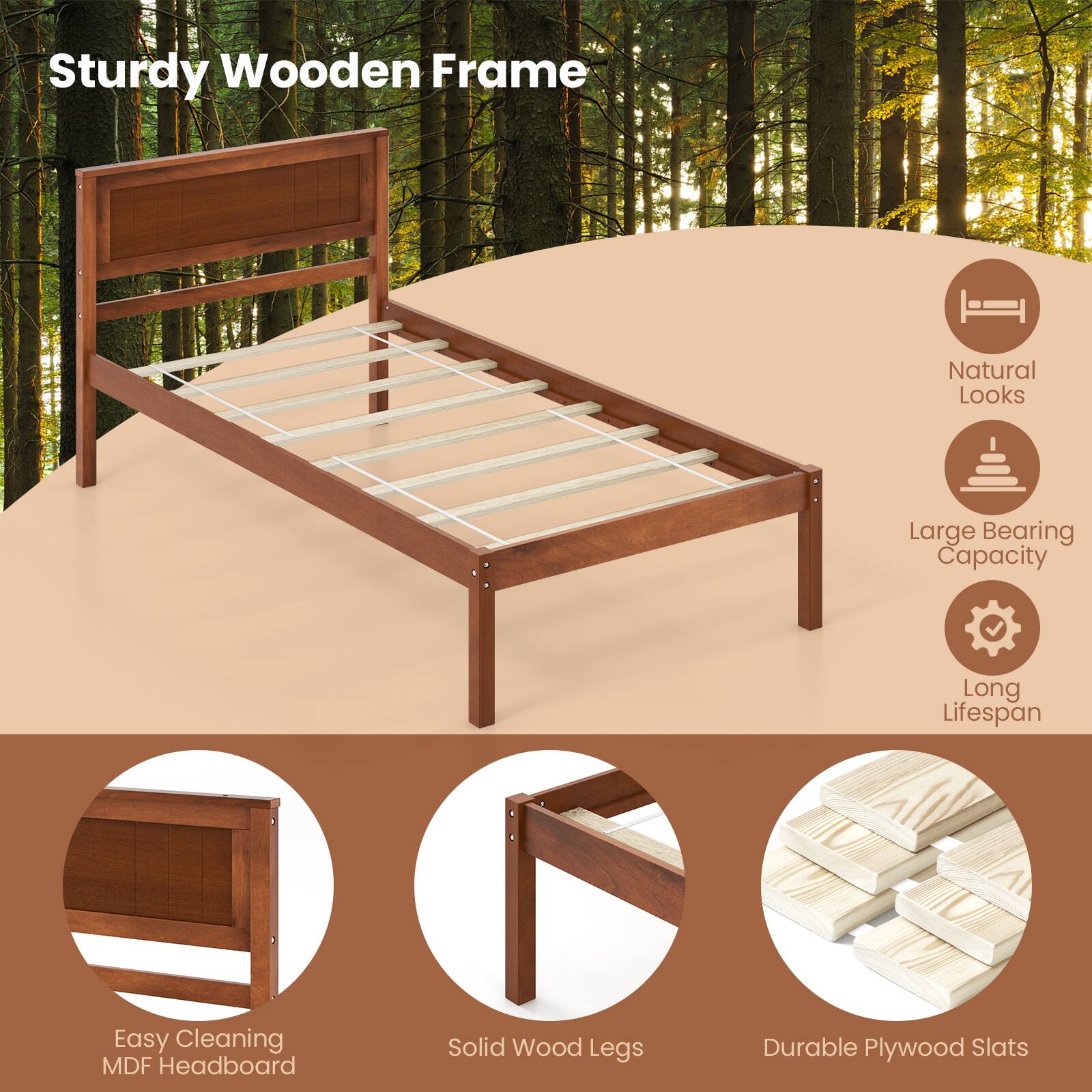 Sturdy Wooden Frame, Natural Looks, Large Bearing Capacity, Long Lifespan, Easy Cleaning, MDF Headboard, Solid Wood Legs, Durable Plywood Slats