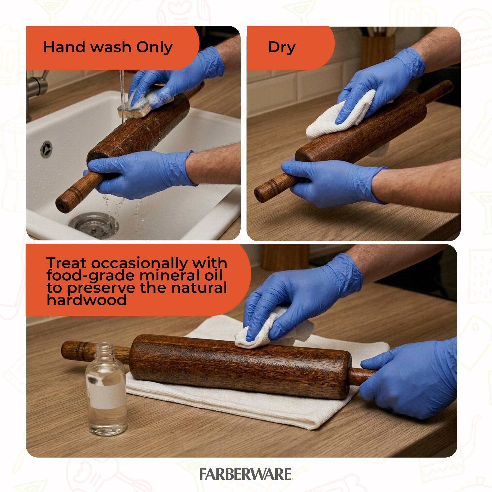 Hand wash Only  
Dry  
Treat occasionally with food-grade mineral oil to preserve the natural hardwood  
FARBERWARE