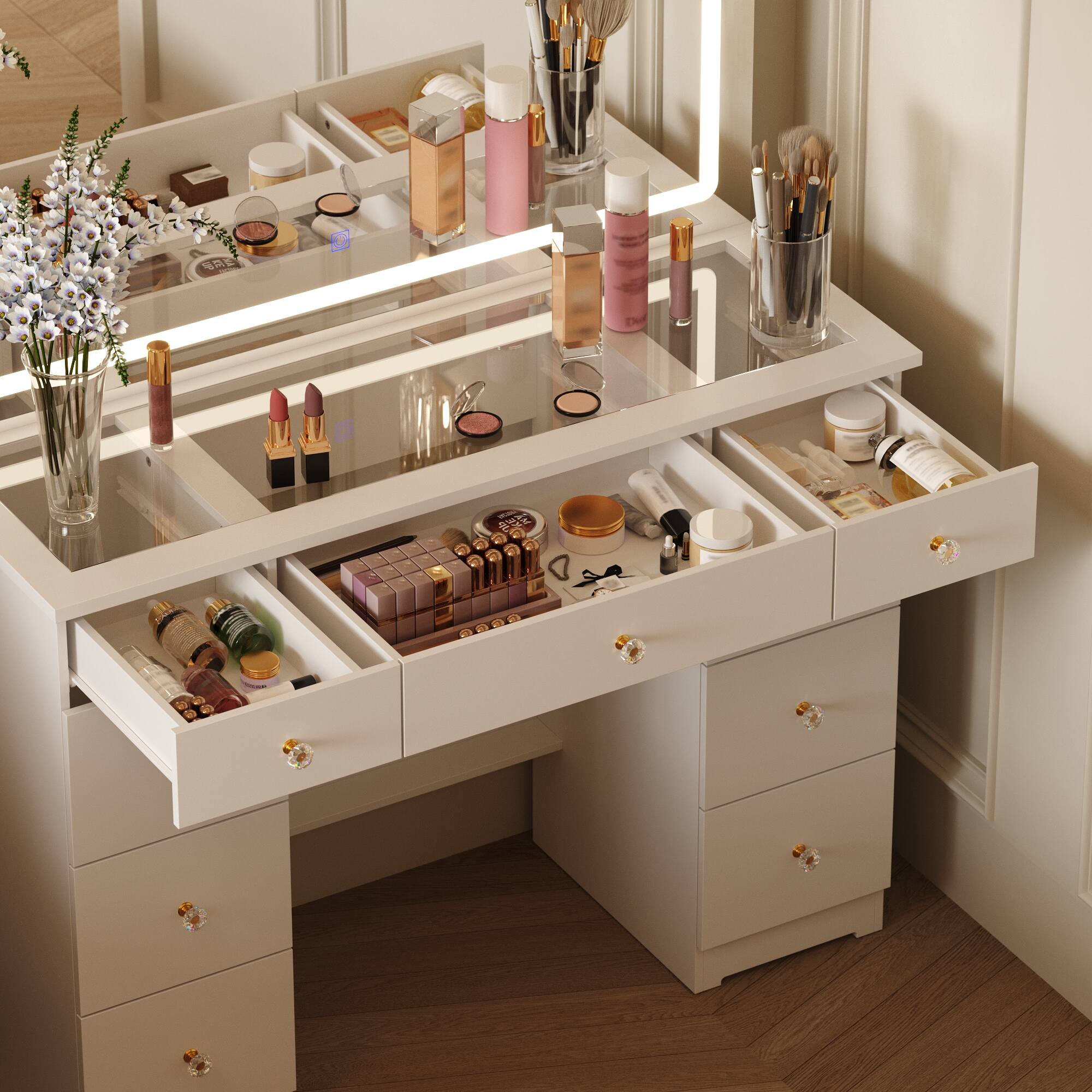 Alt View 2. Famapy - Large  3 - Color Lighting LED Vanity Desk with Oversized Illuminated Mirror Ample Storage Drawers & Crystal Knobs - White.