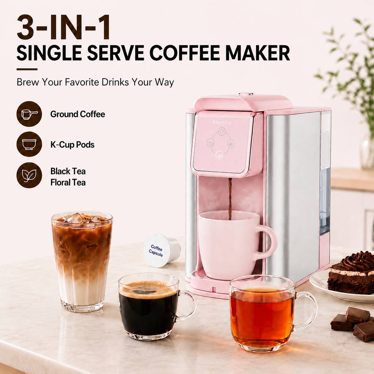 3-IN-1 SINGLE SERVE COFFEE MAKER

Brew Your Favorite Drinks Your Way

- Ground Coffee
- K-Cup Pods
- Black Tea
- Floral Tea
- Coffee Capsule