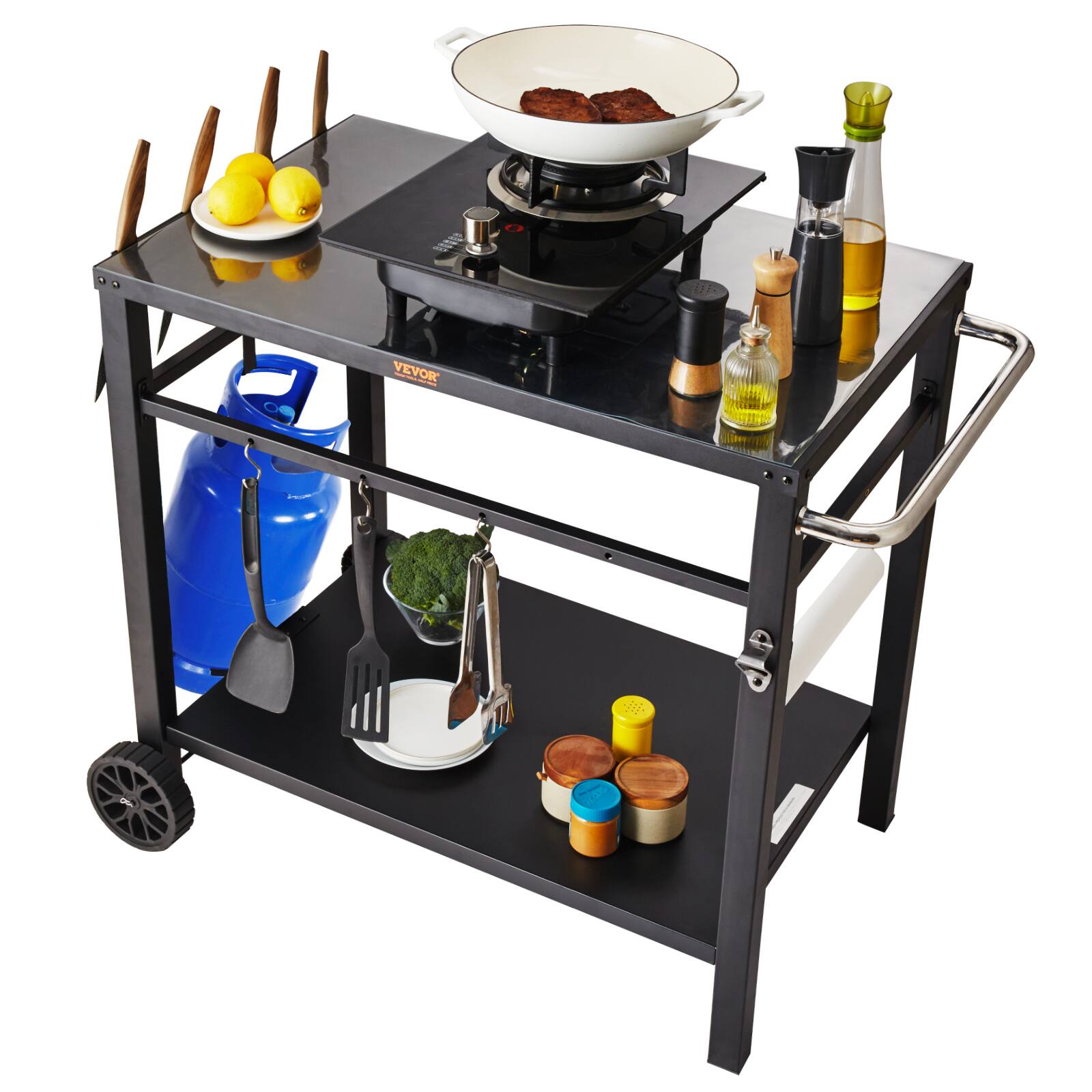 VEVOR - Outdoor Grill Dining Cart with Double-Shelf, BBQ Movable Food Prep Table, Multifunctional Iron Table Top - Black
