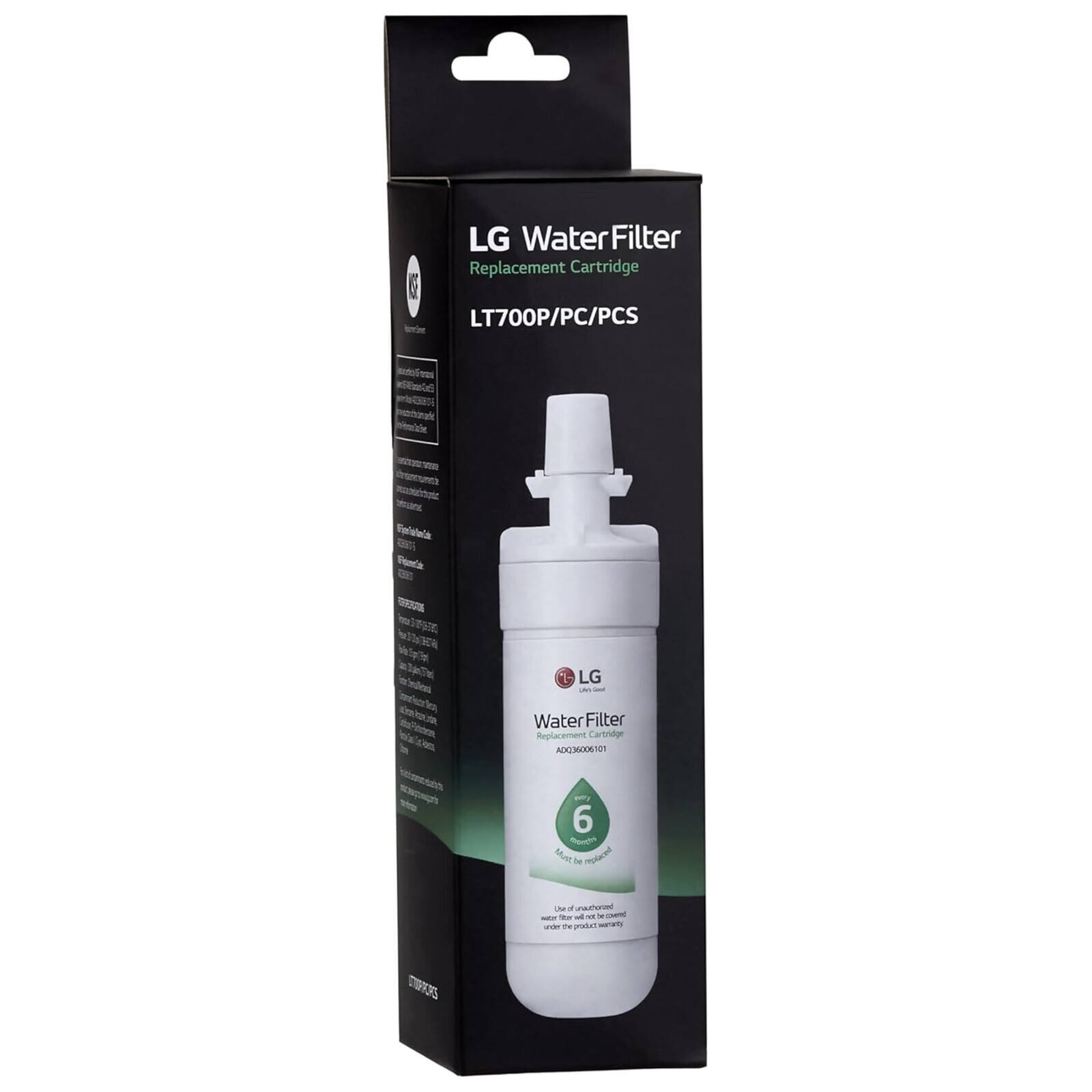 LG Water Filter Replacement Cartridge  
LT700P/PC/PCS  

Water Filter Replacement Cartridge  
DGXX1  

Must de Pplc  

Te matas samart PS  

Water Filter Replacement Cartridge  
LT700P/PC/PCS  

Water Filter Replacement Cartridge  
AD200000101  

6 Months  
Replace every 6 months  

Use of unauthorized  
cartridges voids the product warranty