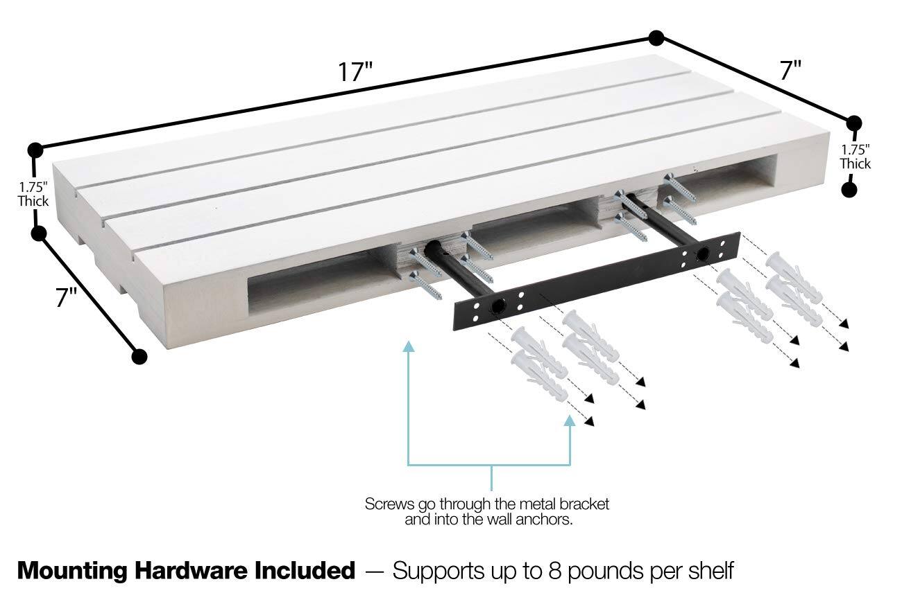 17" x 7" x 1.75" Thick

Mounting Hardware Included - Supports up to 8 pounds per shelf

Screws go through the metal brackets and into the wall anchors.