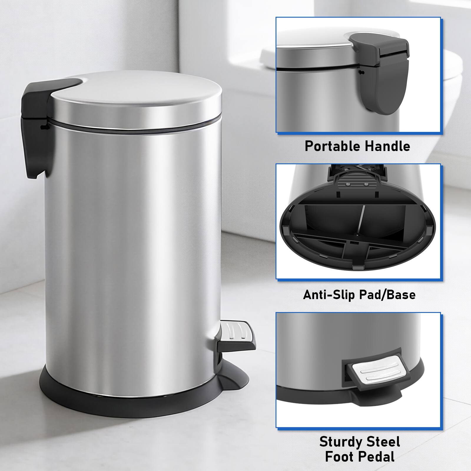 - Portable Handle
- Anti-Slip Pad/Base
- Sturdy Steel Foot Pedal