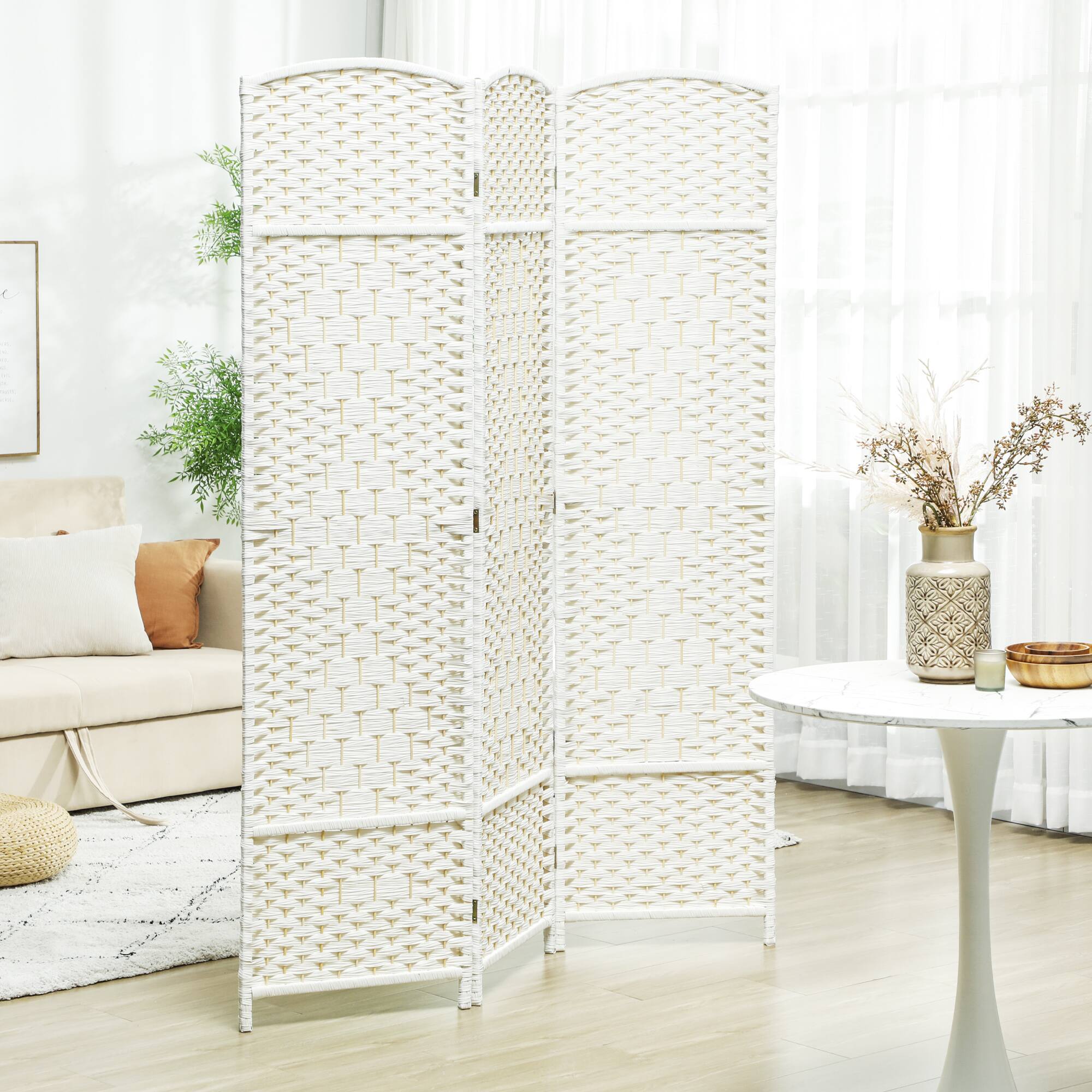 Alt View 1. Homcom - 3 Panel Room Divider, 6' Tall Folding Privacy Screen, Hand-Woven Freestanding Wall Partition for Home Office, Bedroom - White.