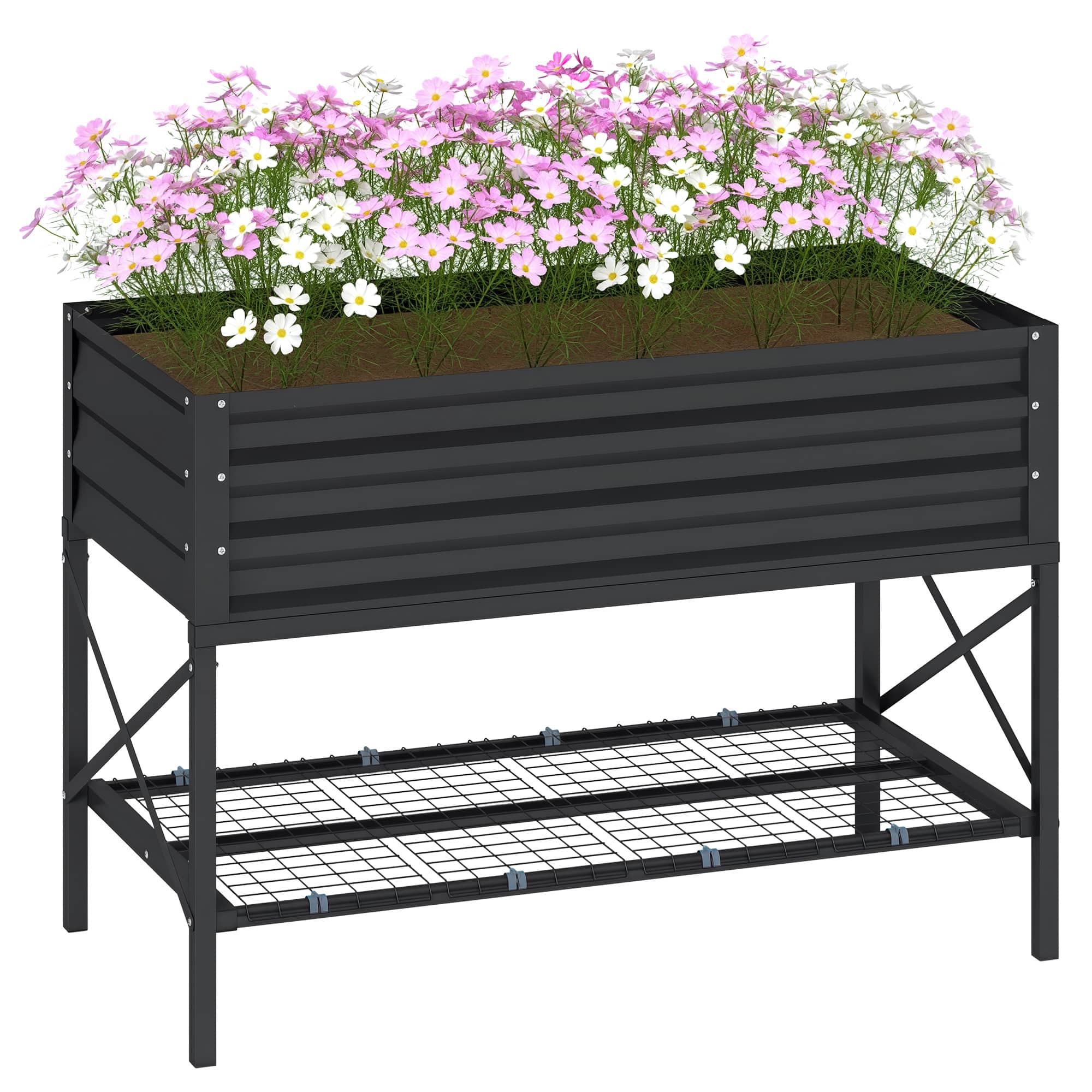 Outsunny - Raised Garden Bed with Galvanized Steel Frame, Storage Shelf and Bed Liner, Elevated Planter Box with Legs - Dark Gray