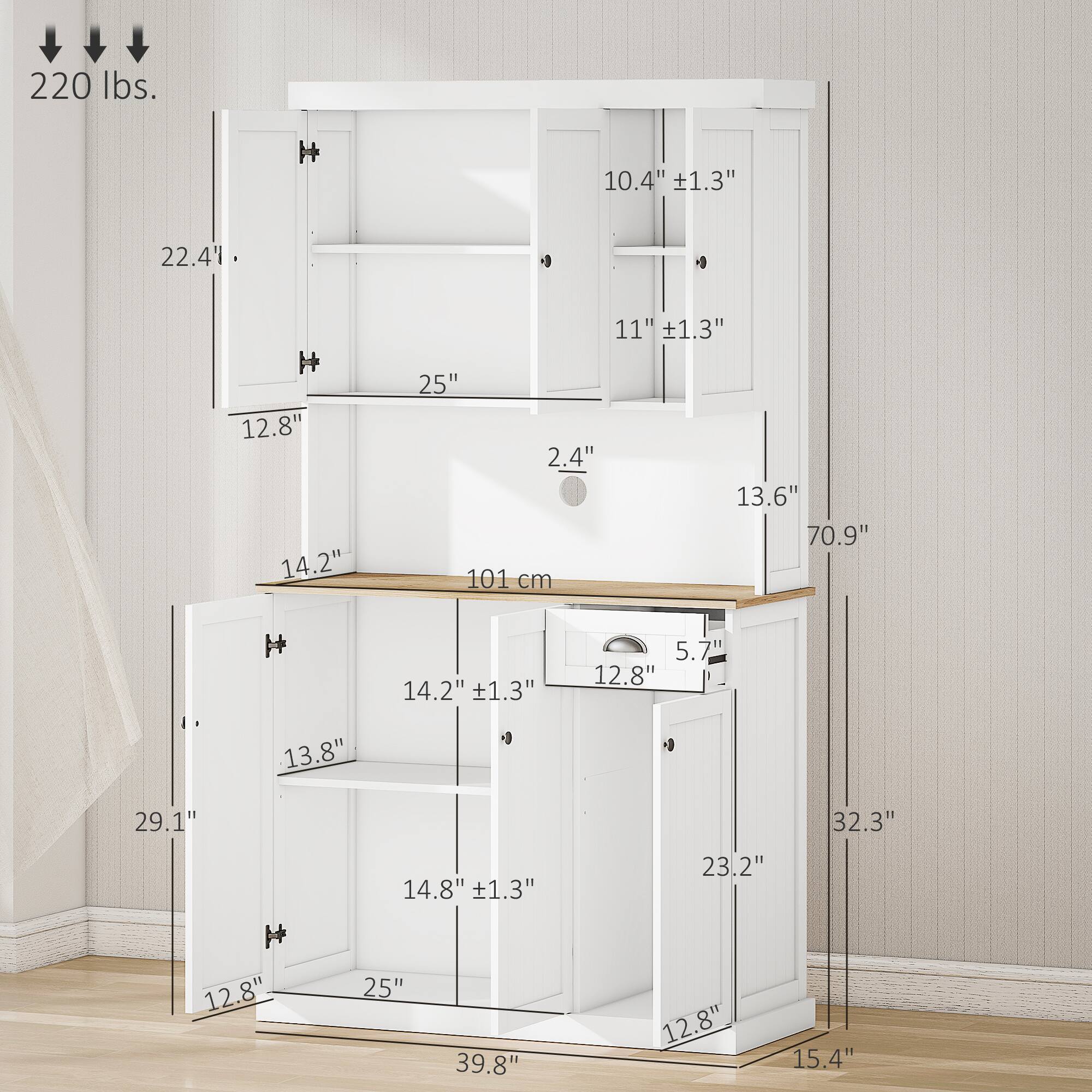 Weight: 220 lbs.

Dimensions:
- Height: 70.9"
- Width: 39.8"
- Depth: 32.3"

Shelves:
- Top shelf: 10.4" + 1.3"
- Middle shelf: 11" + 1.3"
- Bottom shelf: 14.2" + 1.3"
- Bottom shelf: 14.8" + 1.3"

Cabinets:
- Top cabinet: 12.8"
- Middle cabinet: 12.8"
- Bottom cabinet: 12.8"

Drawer:
- Width: 25"
- Depth: 14.2"
- Height: 5.7"