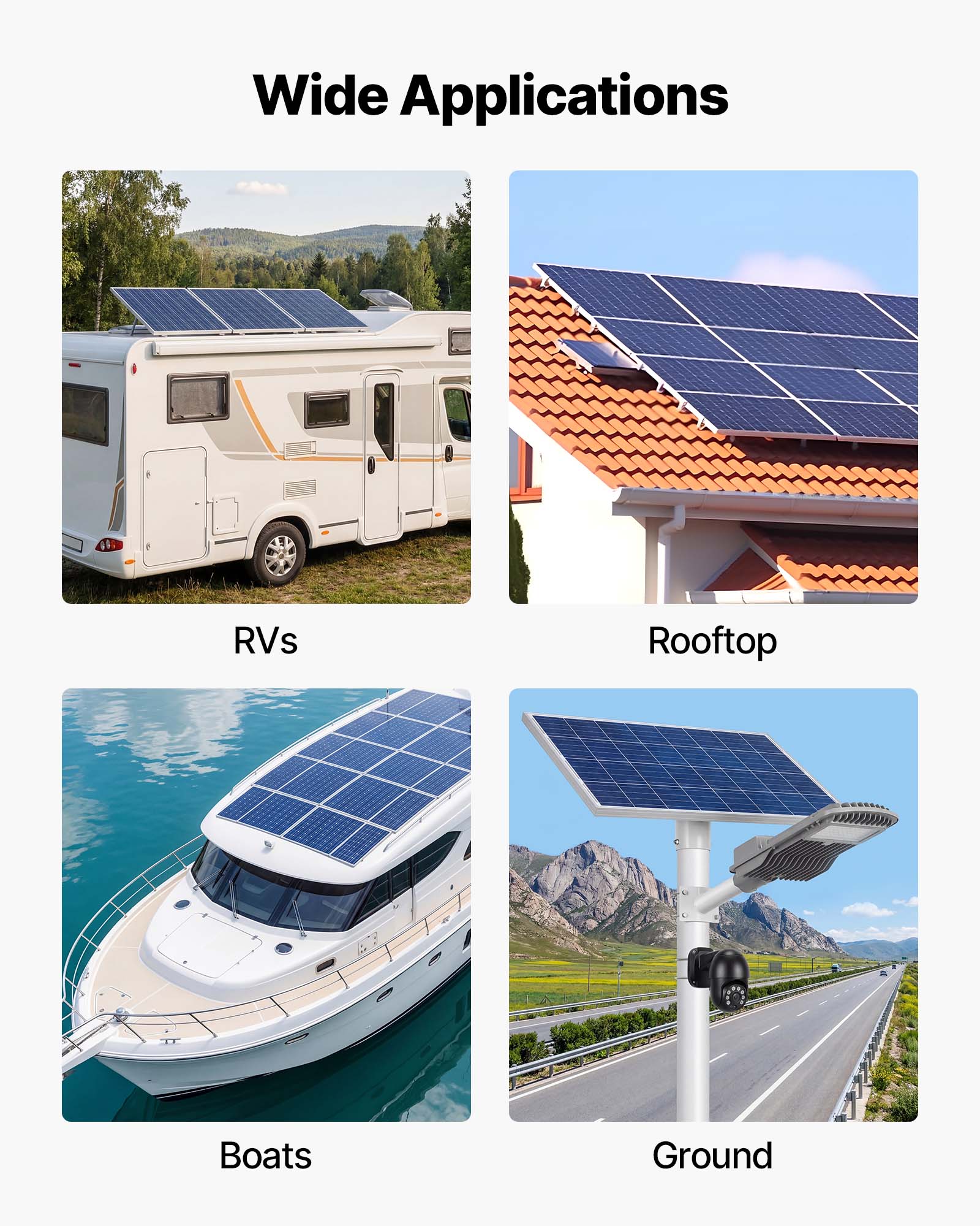 Wide Applications

RVs  
Rooftop  
Boats  
Ground