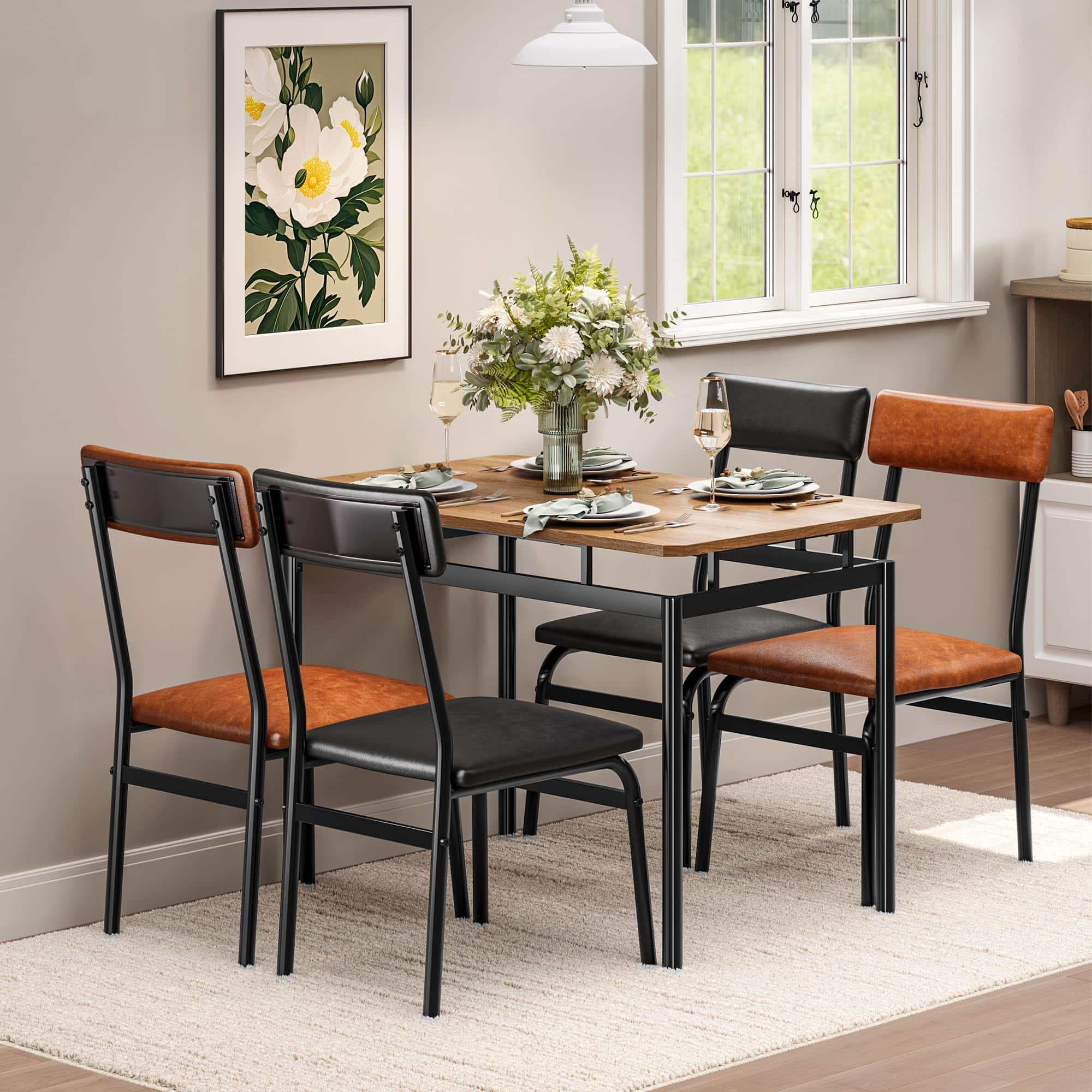 Homhougo - Wood Dining Table with 4 Chairs – Faux Leather Cushions, Rectangular, 5-Pc Set - Brown