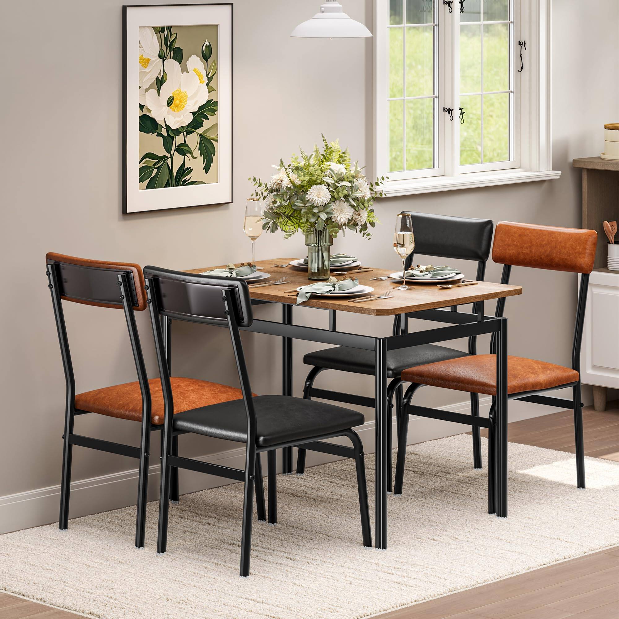 Front. Homhougo - Wood Dining Table with 4 Chairs – Faux Leather Cushions, Rectangular, 5-Pc Set - Brown.