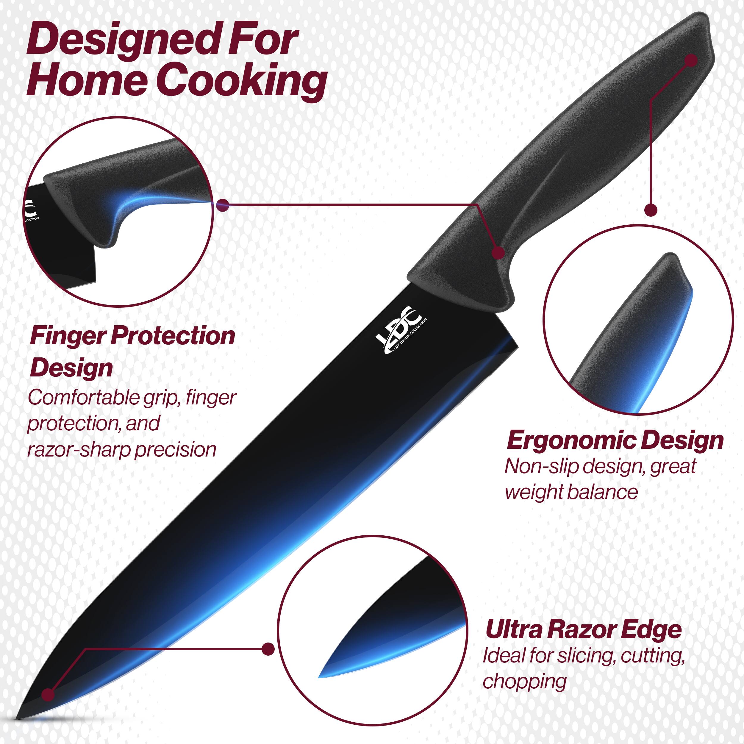 Designed For Home Cooking

Finger Protection Design
Comfortable grip, finger protection, and razor-sharp precision

Ergonomic Design
Non-slip design, great weight balance

Ultra Razor Edge
Ideal for slicing, cutting, chopping