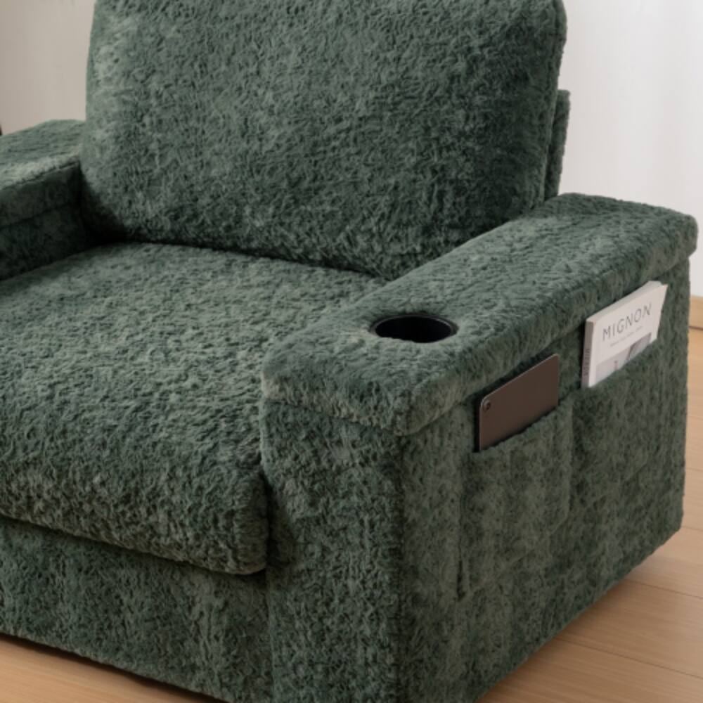 Alt View 6. LUCKY ONE - 42" Oversized Faux Rabbit Fur Single Sofa Armchair w/ Cup Holders Storage Ottoman - Green.
