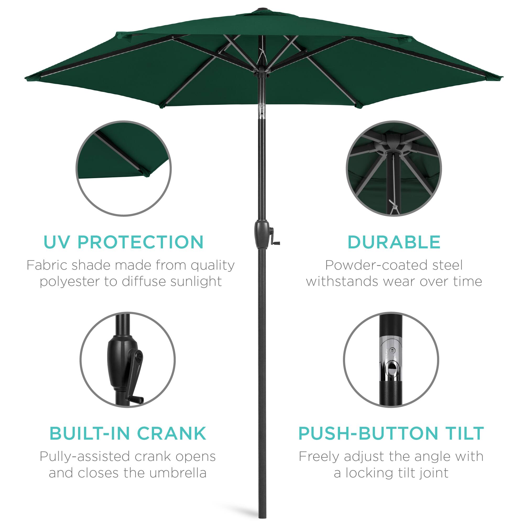 - **UV PROTECTION**  
  Fabric shade made from quality polyester to diffuse sunlight

- **DURABLE**  
  Powder-coated steel withstands wear over time

- **BUILT-IN CRANK**  
  Pulley-assisted crank opens and closes the umbrella

- **PUSH-BUTTON TILT**  
  Freely adjust the angle with a locking tilt joint