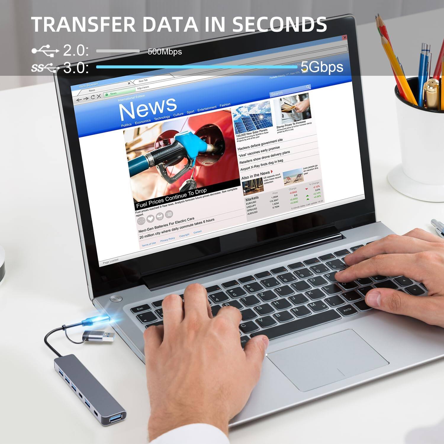 TRANSFER DATA IN SECONDS  
2.0: 500Mbps  
3.0: 5Gbps  

Bower International  
News  
Economics  
Technology  
Culture  
Sport  
Entertainment  
Travel  
Markets  
Fuel Prices Continue To Drop  
Next-Gen Batteries For Electric Cars  
20 Million City Daily Commute Takes 6 Hours  
Hacker Delivers Government Site  
Retailers Show Early Promise  
Airport X-Ray Finds Dog Bag  
Also In The News  
UNIUY ENM  
PA Lodder  
S F  
5 A  
Z T G  
4 5 U  
M  
D  
L  
N  
t  
C  
K  
M &