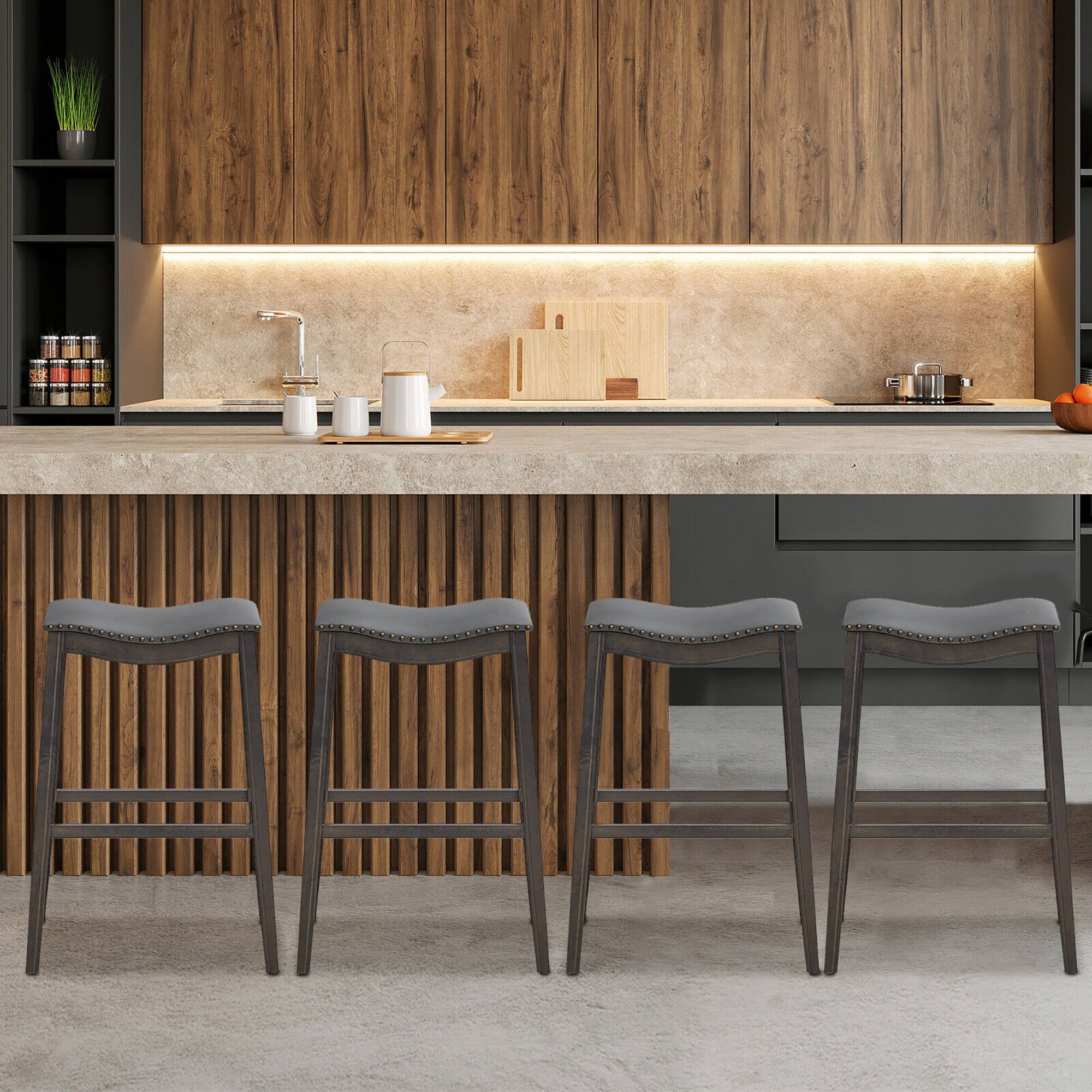 Alt View 2. Gymax - Gymax Set of 4 Saddle Bar Stools Bar Height Kitchen Chairs w/ Rubber Wood Legs Brown - Brown.