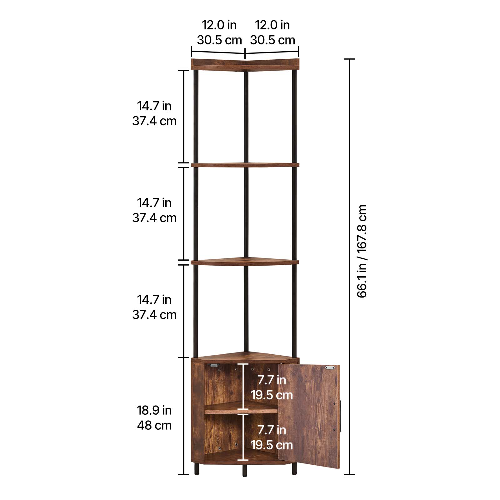 Here is the corrected and grouped text:

- 12.0 in / 30.5 cm
- 14.7 in / 37.4 cm
- 14.7 in / 37.4 cm
- 14.7 in / 37.4 cm
- 66.1 in / 167.8 cm
- 18.9 in / 48 cm
- 7.7 in / 19.5 cm
- 7.7 in / 19.5 cm
