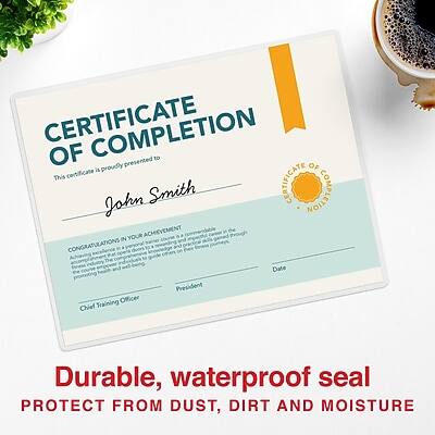 CERTIFICATE OF COMPLETION

This certificate is proudly presented to

John Smith

CONGRATULATIONS ON YOUR ACHIEVEMENT

Chief Training Officer
President

Date

Durable, waterproof seal
PROTECT FROM DUST, DIRT AND MOISTURE