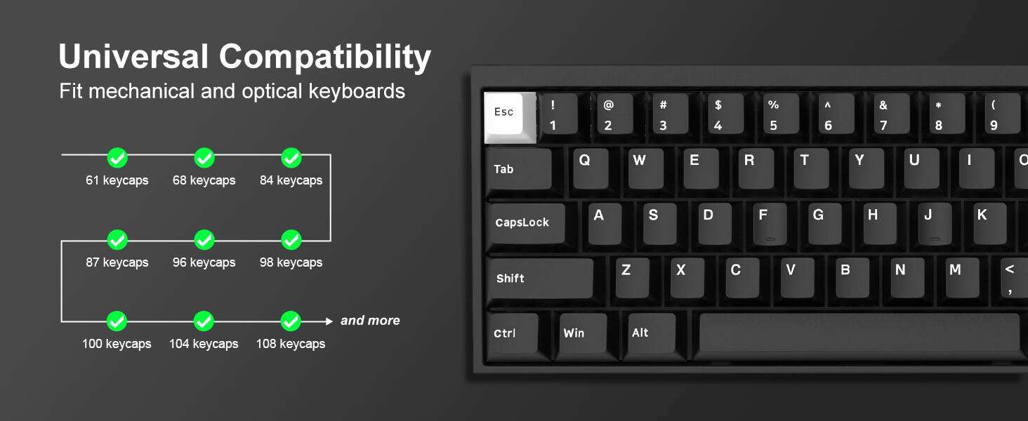 Universal Compatibility  
Fit mechanical and optical keyboards  

61 keycaps  
68 keycaps  
84 keycaps  

87 keycaps  
96 keycaps  
98 keycaps  

100 keycaps  
104 keycaps  
108 keycaps  
and more