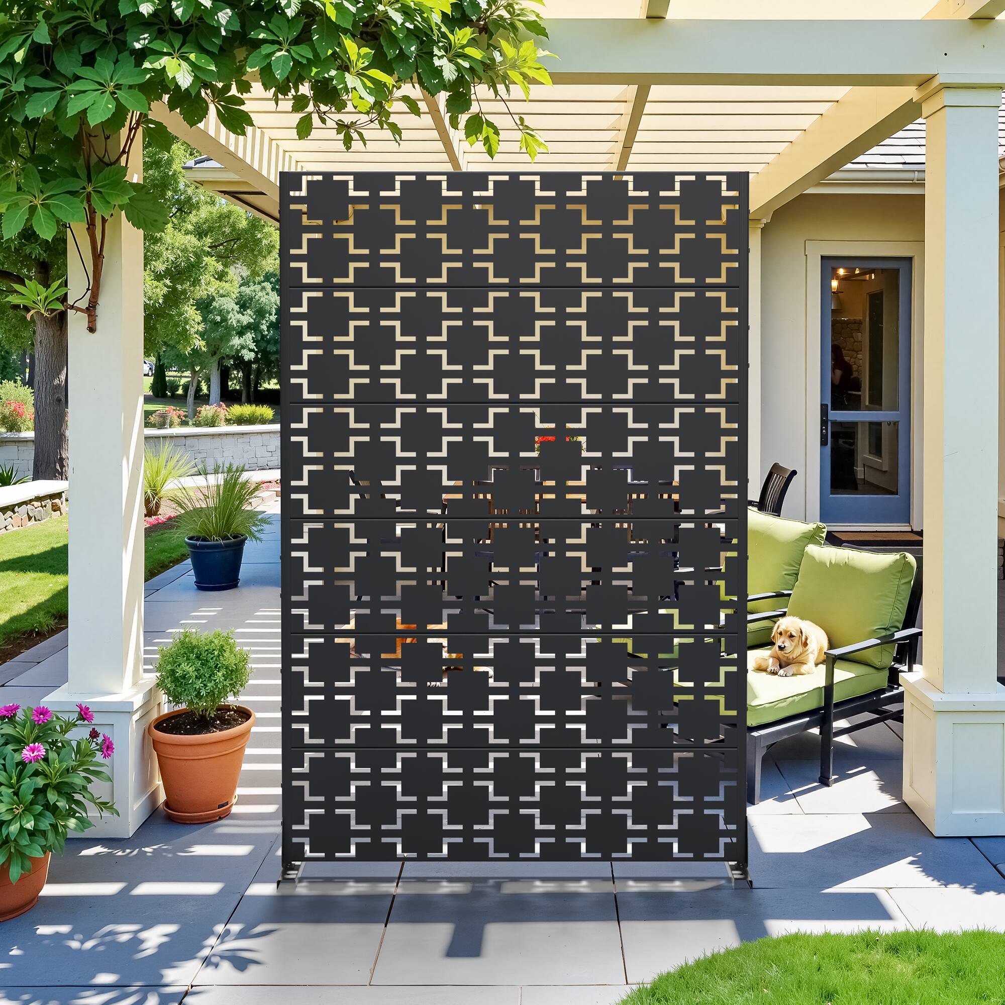 Alt View 3. PexFix - 72 in. x 47 in. Square Pattern Metal Outdoor Privacy Screen & Panels, Freestanding Garden Divider Fence - Black.