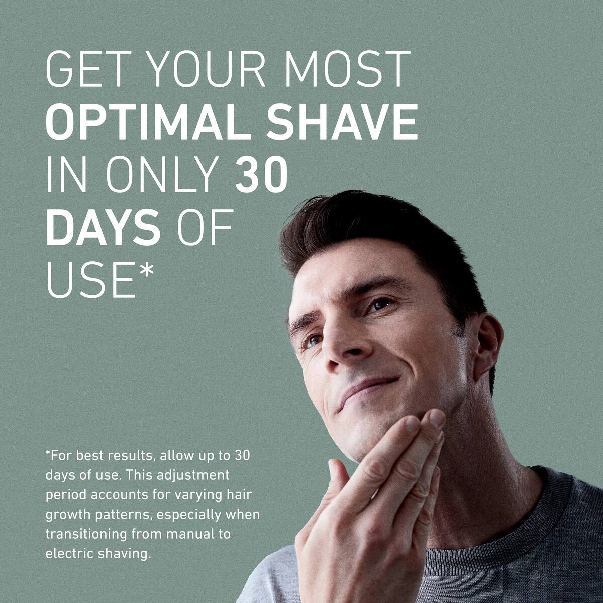 GET YOUR MOST OPTIMAL SHAVE IN ONLY 30 DAYS OF USE*

*For best results, allow up to 30 days of use. This adjustment period accounts for varying hair growth patterns, especially when transitioning from manual to electric shaving.