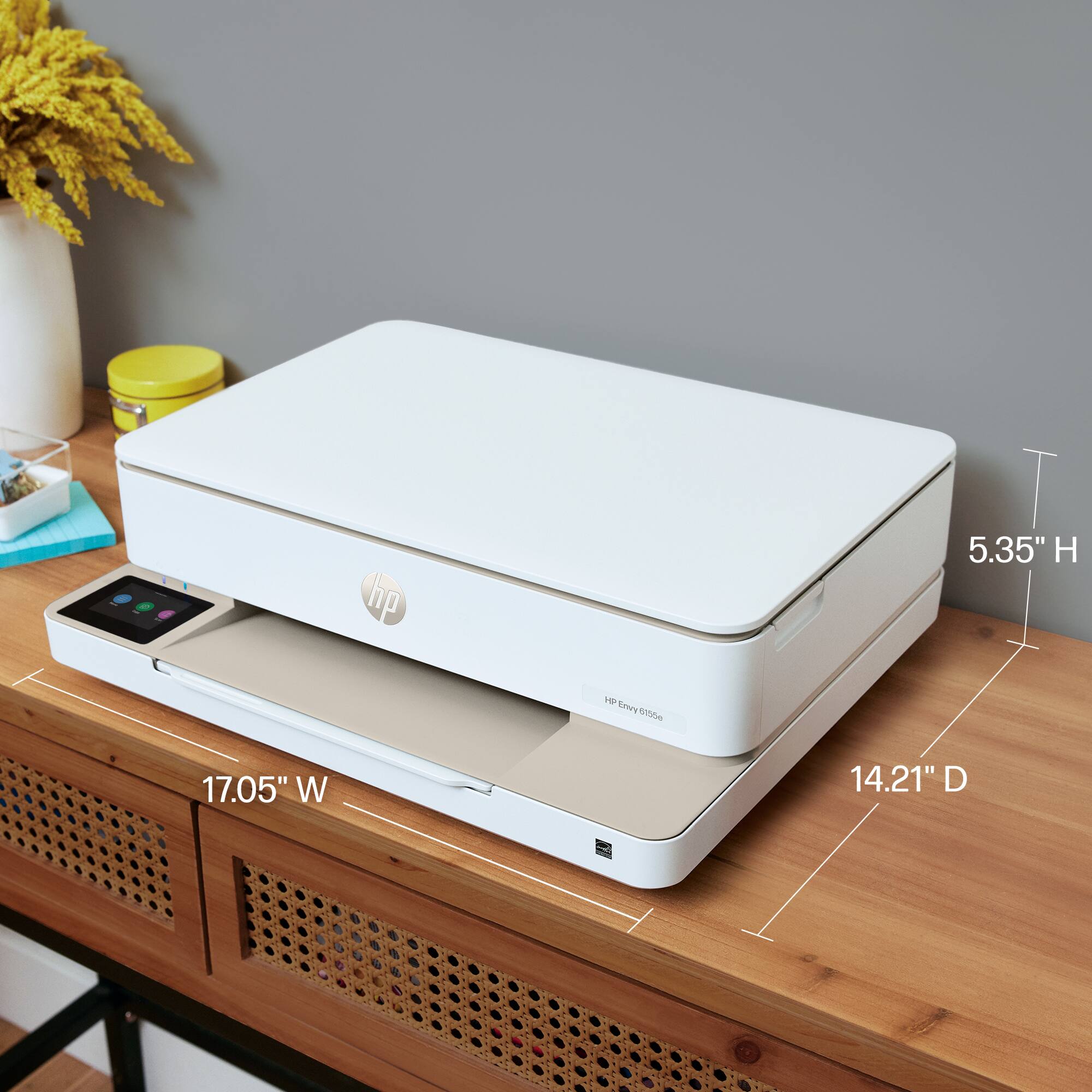 HP Envy 8055e

Dimensions:
- Height: 5.35"
- Width: 17.05"
- Depth: 14.21"