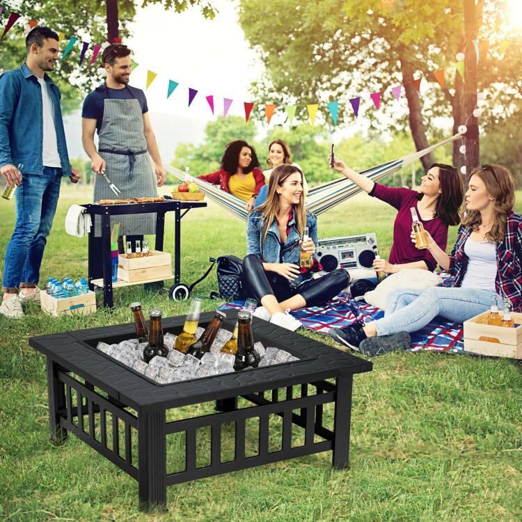 Alt View 2. Mondawe - 32 Inch 3 in 1 Outdoor Square Fire Pit Table with BBQ Grill and Rain Cover for Camping - Black.