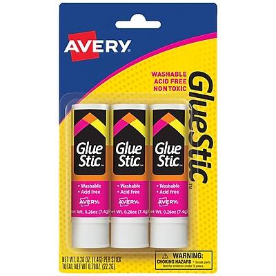 AVERY WASHABLE ACID FREE NON TOXIC Glue Stic.  
Glue Stic.  
Glue Stic.  
Glue Stic.  

Washable  
Washable  
Washable  
Acid Free  
Acid Free  
Acid Free  

AVERY  
AVERY  
AVERY  

Wt. 0.26oz (7.4g)  
Wt. 0.26oz (7.4g)  
Wt. 0.26oz (7.4g)  

NET WT. 0.26 OZ (7.4G) PER STICK  
TOTAL NET WT 0.72OZ (22.2G)  

WARNING: CHOKING HAZARD - Small parts. Not for children under 3 years.
