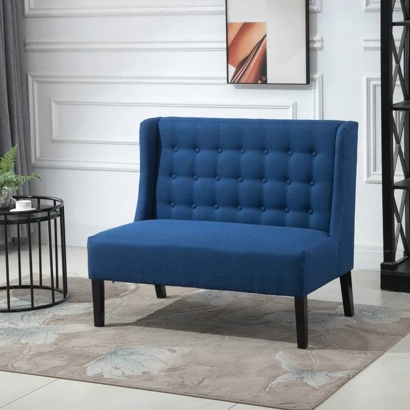 Left. Hivvago - Scandinavian 2 Seater Button Tufted Loveseat Wooden Legs Blue Linen - Blue.