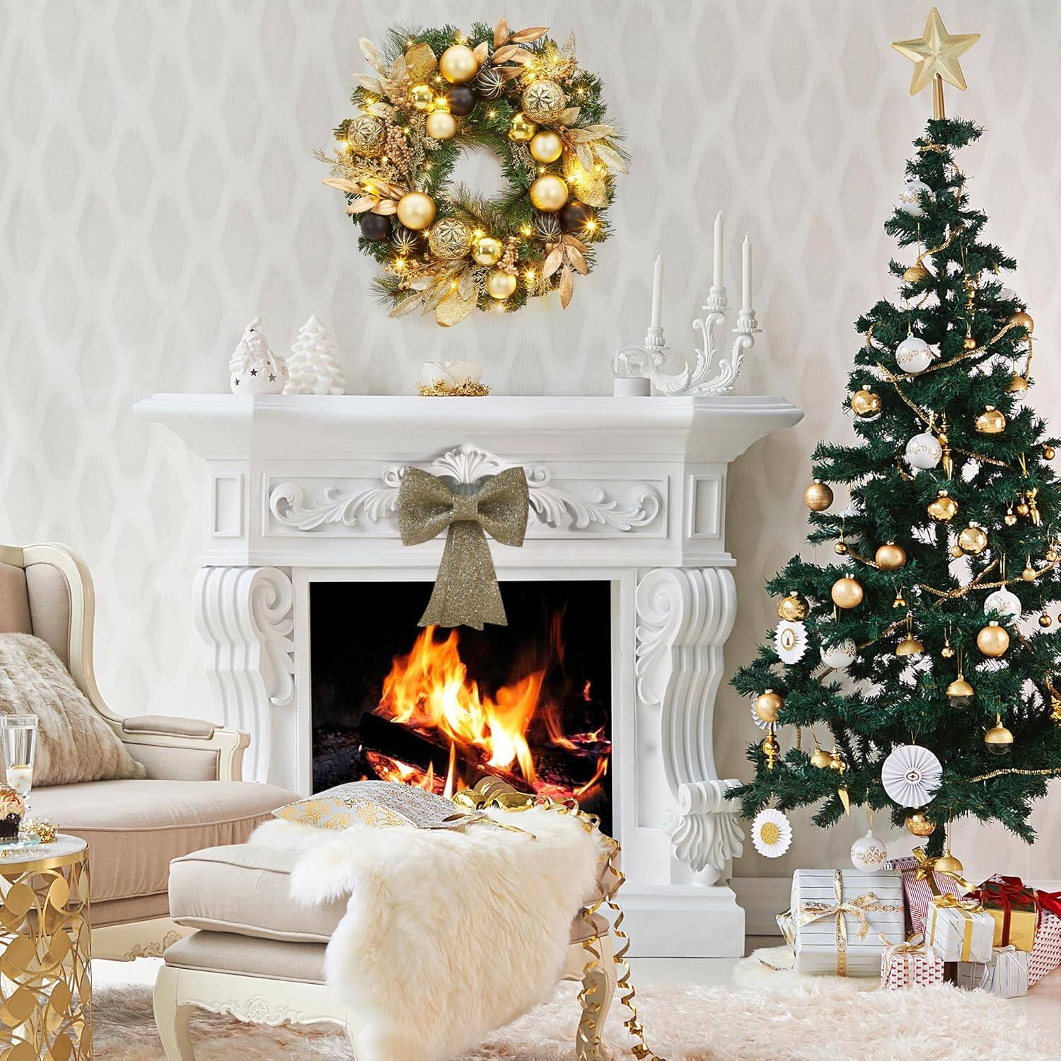 Alt View 5. GARVEE - 22" Pre-Lit Christmas Wreath for Front Door, Battery Operated Xmas Wreath, Gold Leaves, Berries & Ball Ornaments - Green.