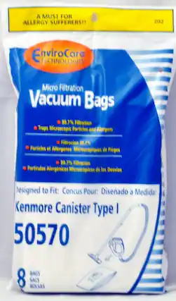 A MUST FOR ALLERGY SUFFERERS!!
202 EnviroCare Technologies Micro Filtration Vacuum Bags
99.7% Filtration Traps Microscopic Particles and Allergens
Filtracion 99.7% Particulas y Aliergenes Microscopicos de los Desvios
Designed to Fit: Concus Pour: Diseñado a Medida:
Kenmore Canister Type I 50570
BAGS 8 SACS 8 BOLAS