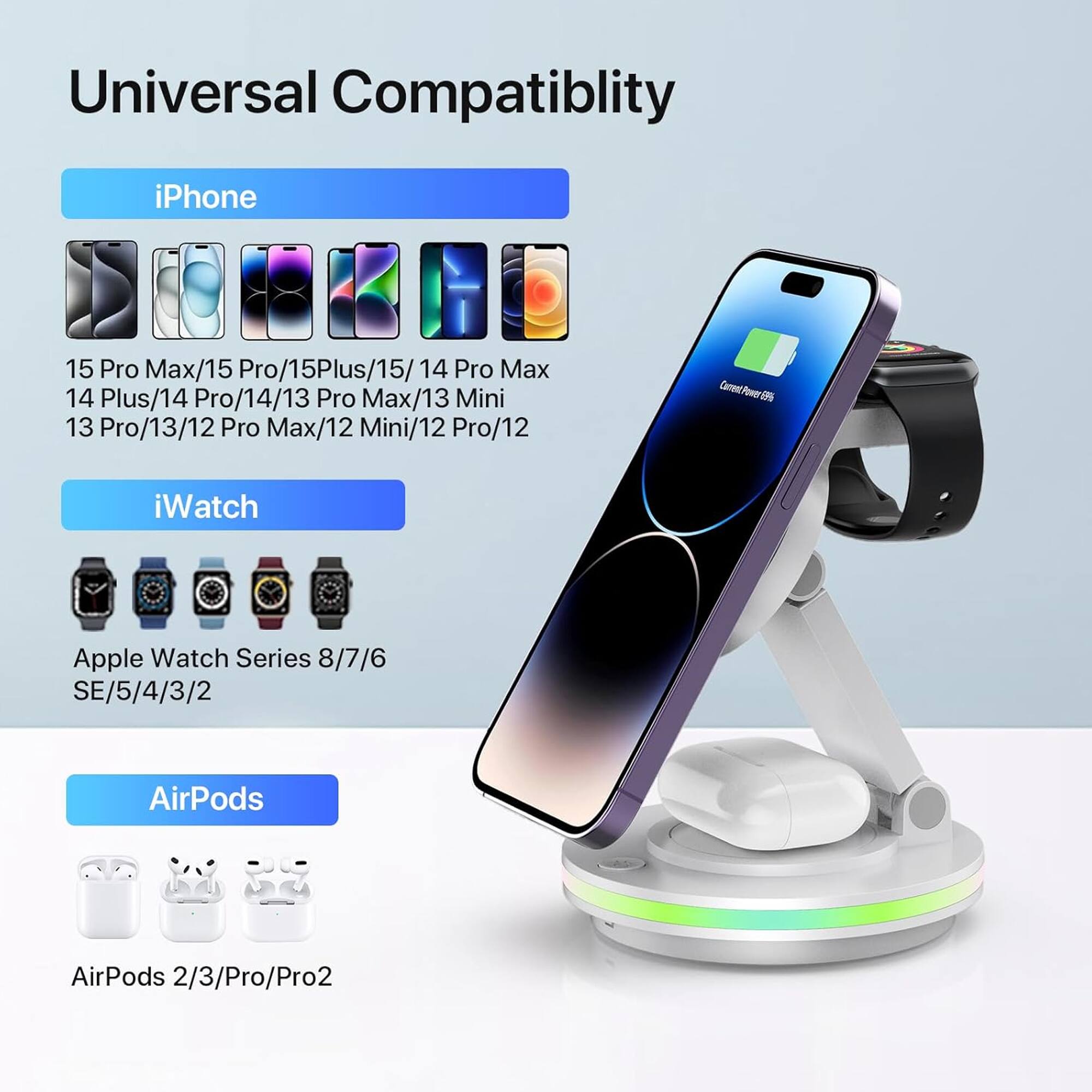 Universal Compatibility

iPhone
15 Pro Max/15 Pro/15 Plus/15/14 Pro Max/14 Plus/14 Pro/14/13 Pro Max/13 Mini/13 Pro/13/12 Pro Max/12 Mini/12 Pro/12

iWatch
Apple Watch Series 8/7/6/SE/5/4/3/2

AirPods
AirPods 2/3/Pro/Pro2
