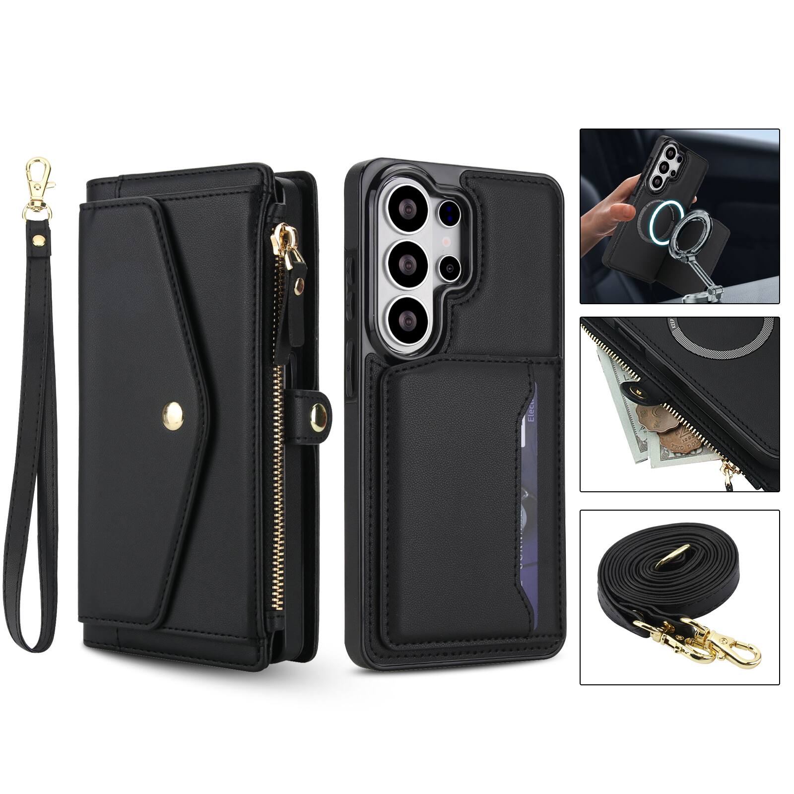 Alt View 5. UUCOVER - Magnetic Leather Detachable Zipper Wallet RFID Blocking Case for Samsung Galaxy S26 Ultra+Shoulder Strap / Wrist Strap - Black.