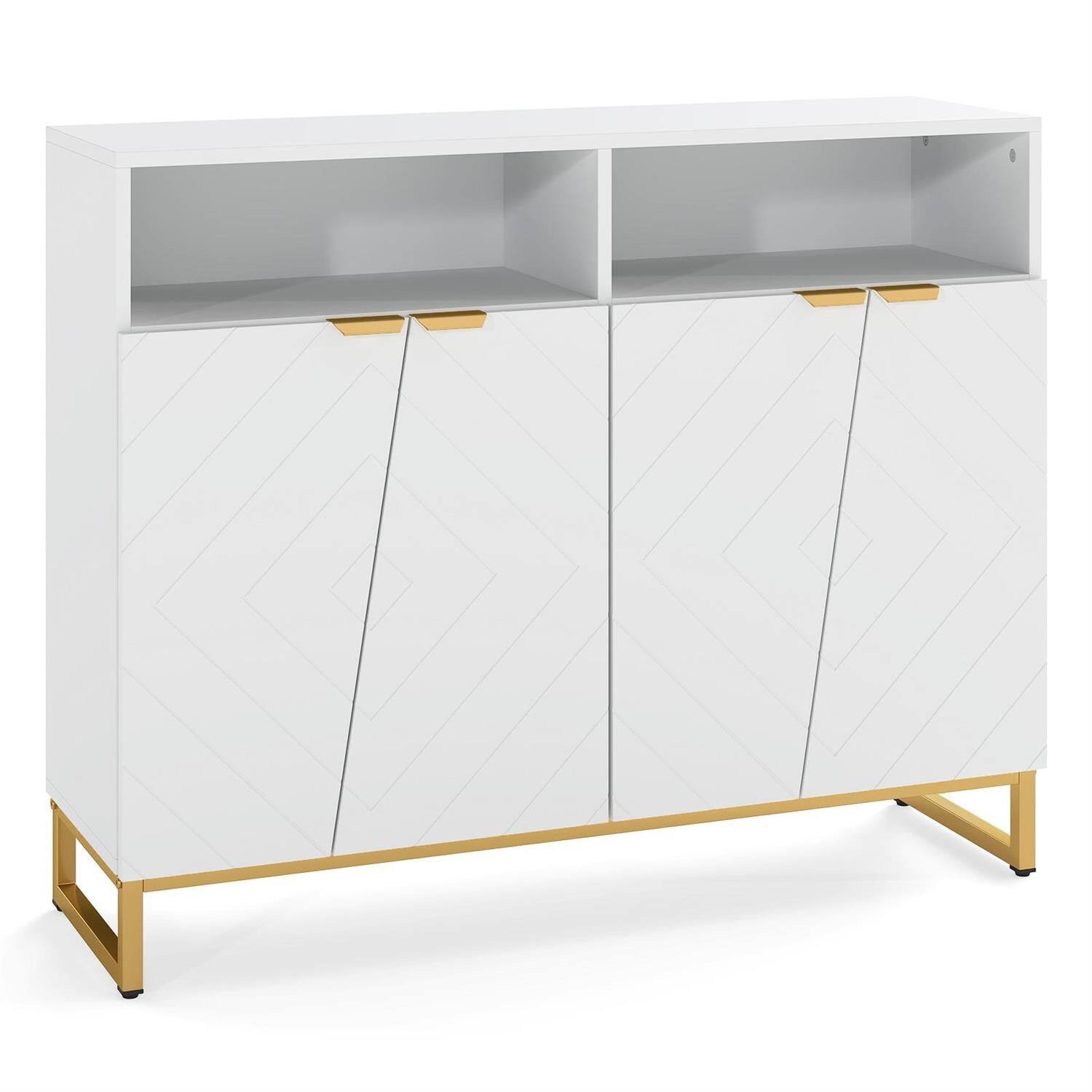 Pefilos - Modern Sideboard Cabinet,4-Door 2 Open Shelves,3-Level Adjustable Shelves,Anti-Tip - White