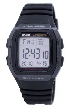 ILLUMINATOR
ADJUST MODE
CASIO ALARM CHRONO
SNZ ALM SIG
12:43 10 05 10 4-15
10 YEAR BATTERY
LIGHT 12/24H
WATER 50M RESIST
