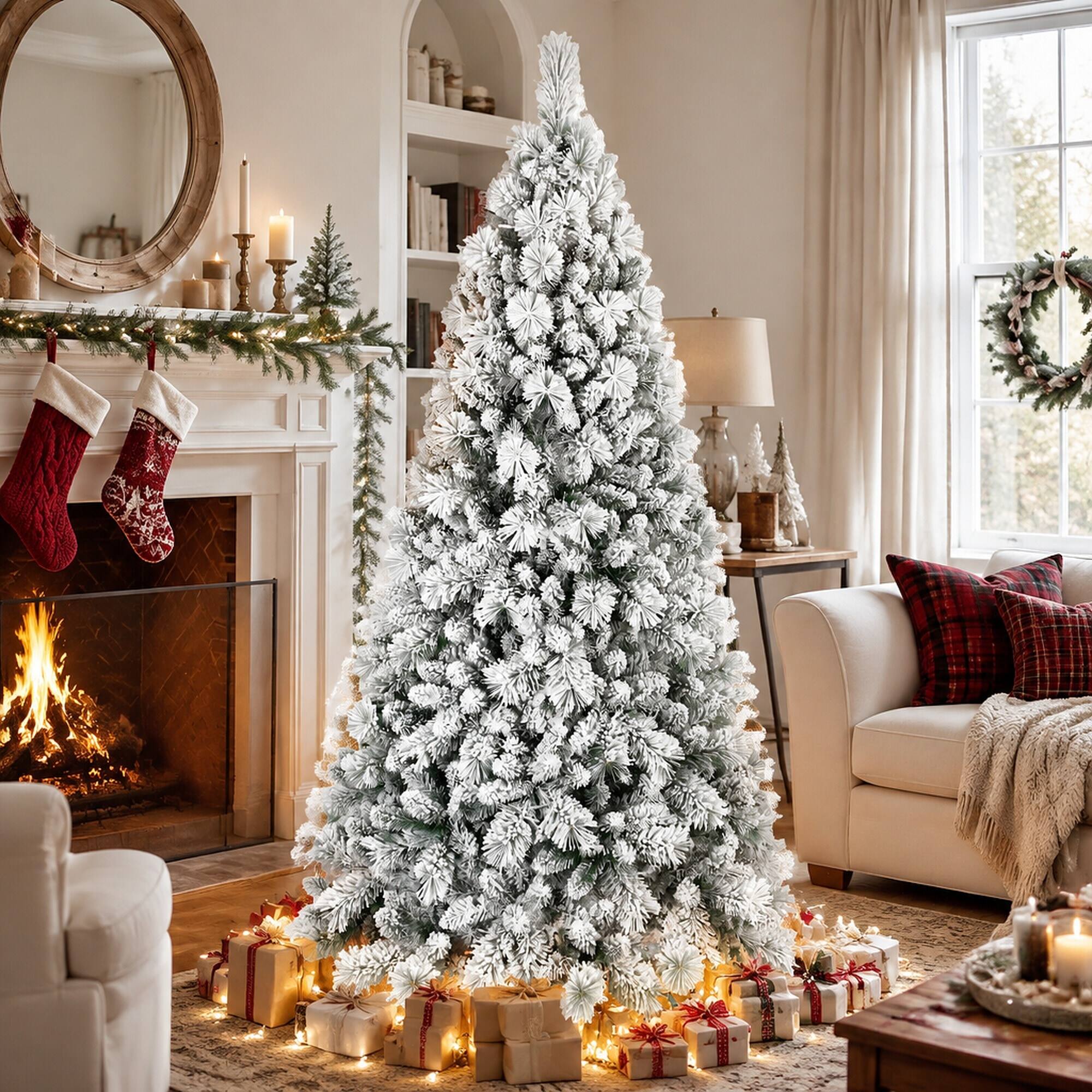 Angle. RYHNUYNE - 6FT Flocked Christmas Tree, 752 Snowy PVC Hard Needle Branches Hinged Design Easy Setup Stable Metal Stand - Green,White.