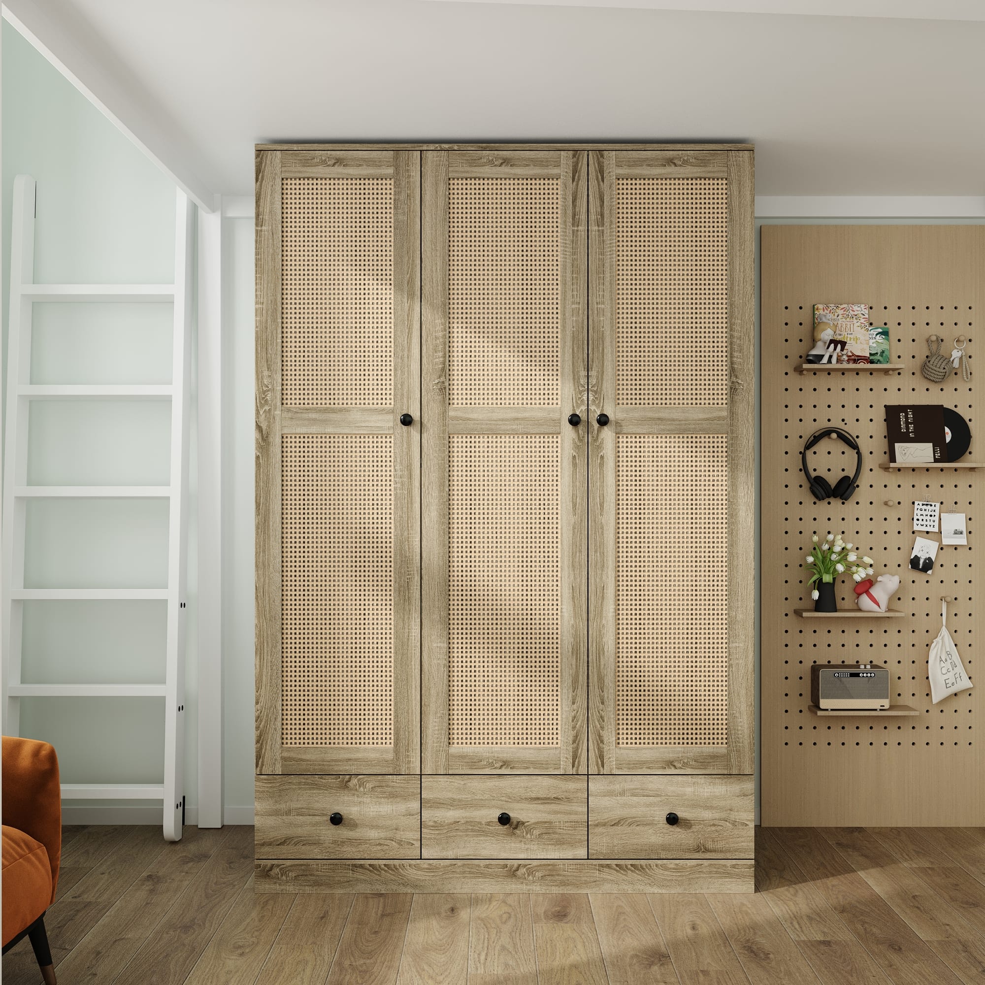 Famapy Rattan & Wood Grain Double Door Wardrobe – Natural Style