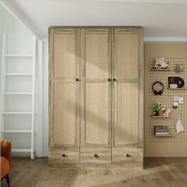 Famapy - Woven Rattan 3-Door Wardrobe with Large Hanging Space, Shelves & Drawers for Bedroom Storage - Wooden