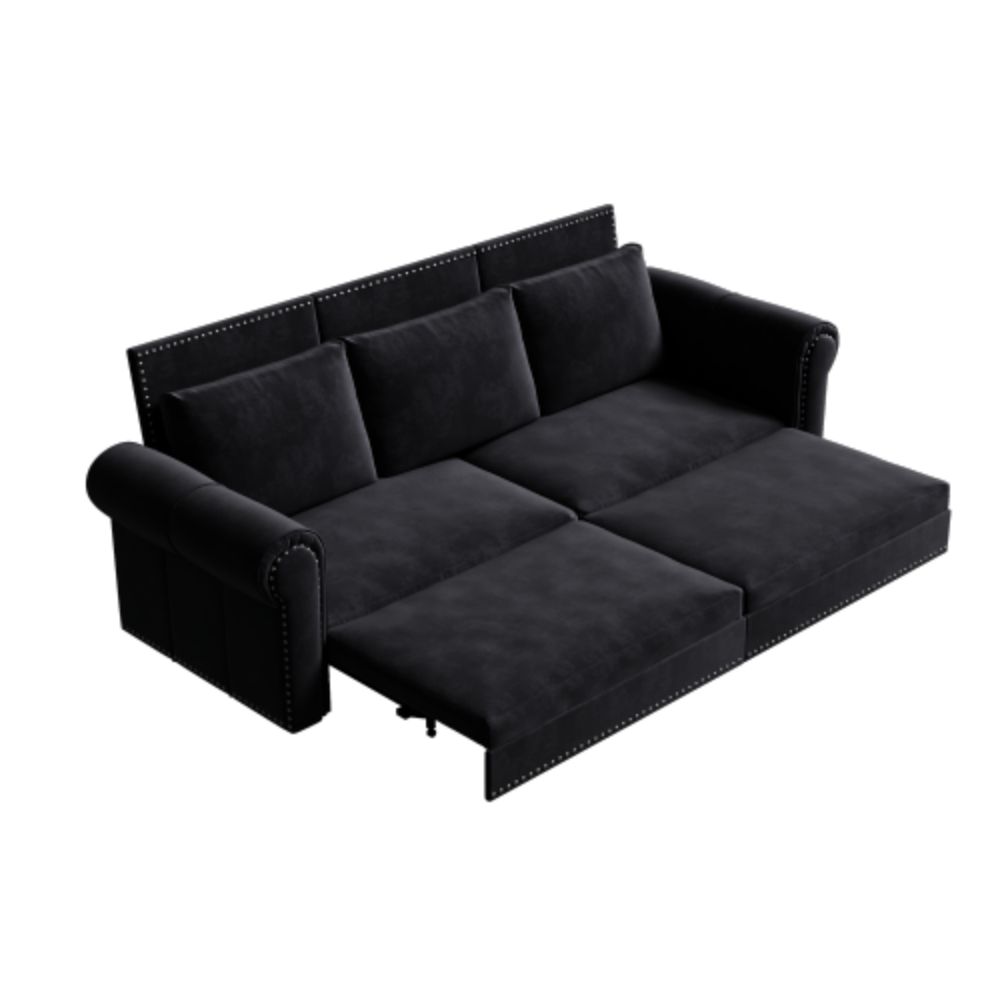 Alt View 5. LUCKY ONE - 93.7" Pull-Out Velvet Chesterfield Sofa Bed King Sleeper 3-in-1 w/ Nailhead Trim - Black.