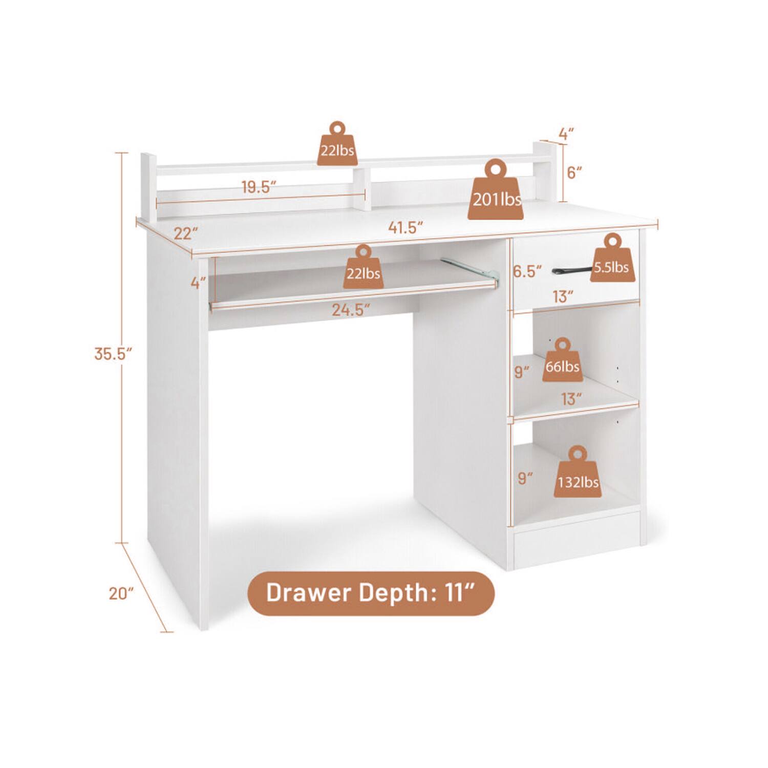22"  
19.5"  
22lbs  
41.5"  
201lbs  
4"  
6"  
4"  
22lbs  
24.5"  
6.5"  
13"  
5.5lbs  
35.5"  
9"  
66lbs  
13"  
9"  
132lbs  
20"  
Drawer Depth: 11"