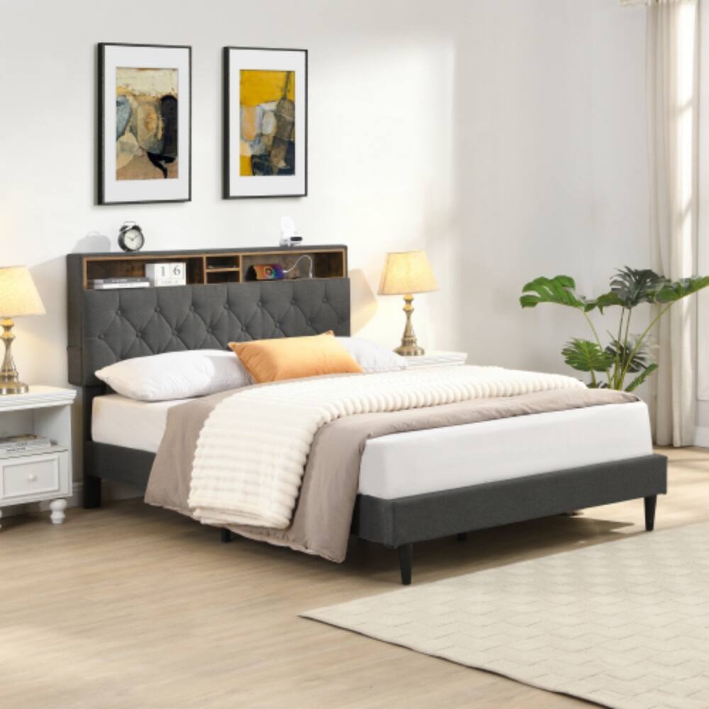 Angle. LUCKY ONE - Queen Size Platform Bed Frame with USB Outlet and Storage Compartments, Heavy Duty Metal Slats, No Box Spring Needed - Black+Brown+Grey.