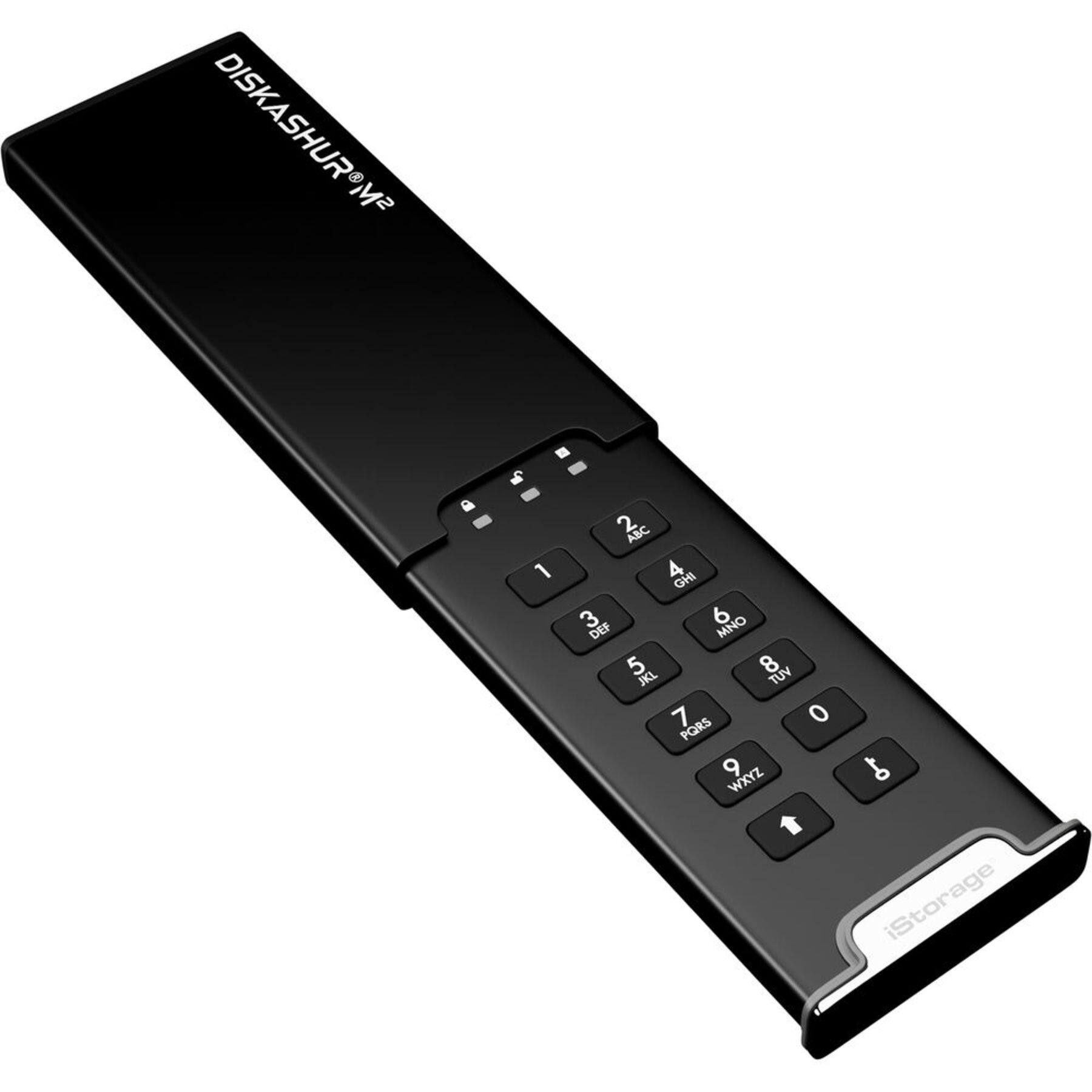 Angle. iStorage - diskAshur M² 2TB External USB 3.2 Gen 1 Portable Secure SSD with Hardware Encryption - Black.