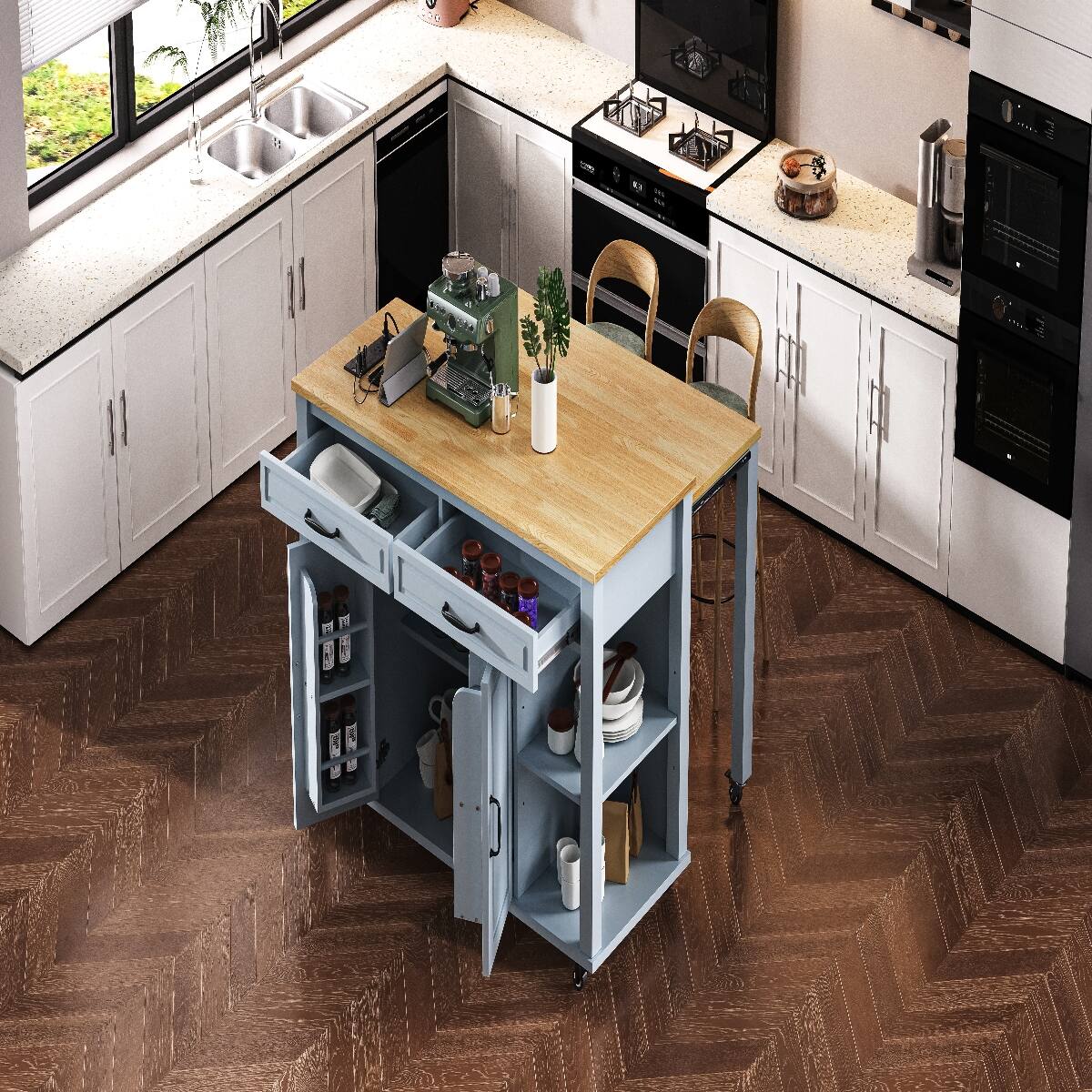 Alt View 2. Loheer - 47.2" Kitchen Island with Extendable Dining Table, Rolling Kitchen Island with Storage - Grey Blue.