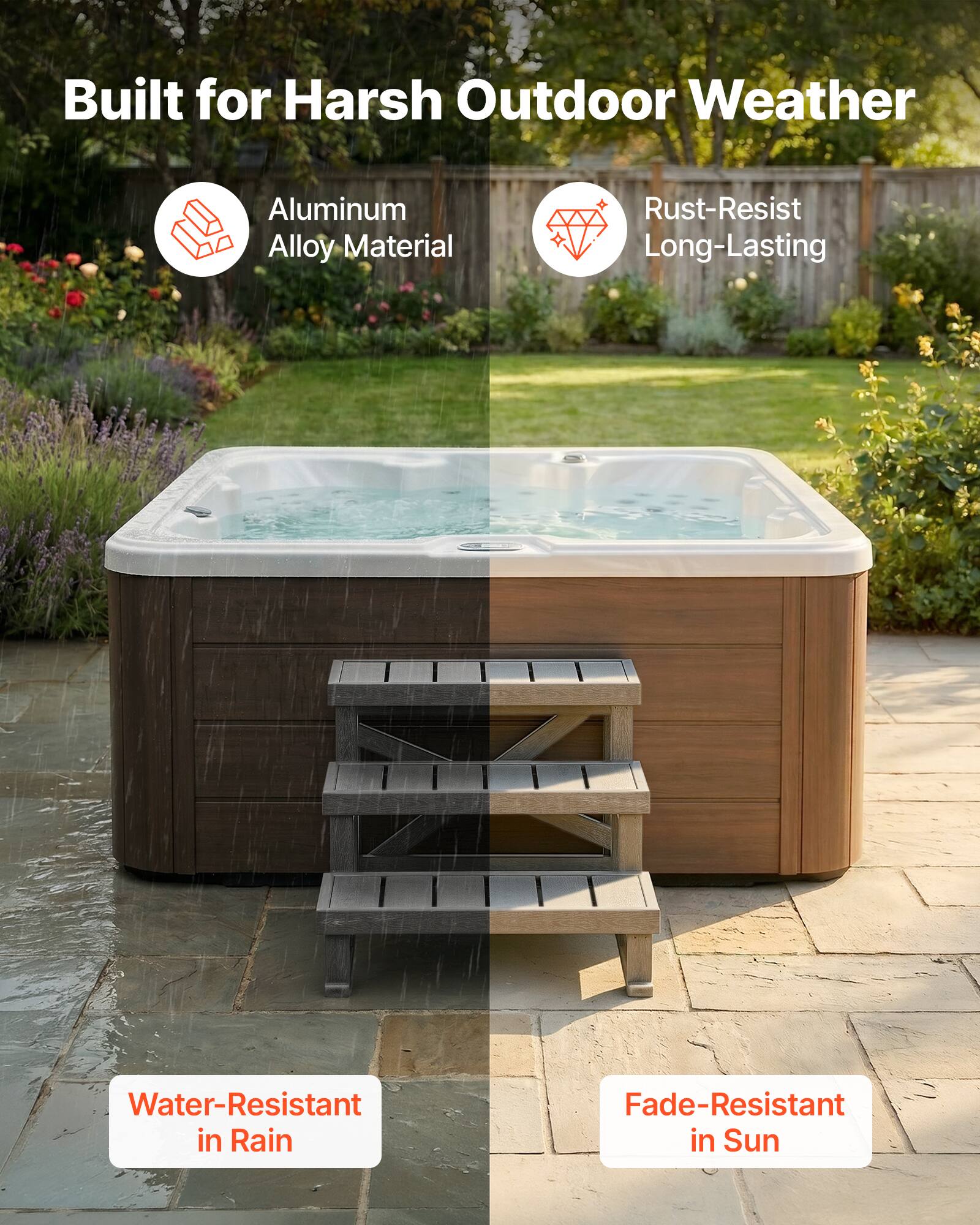 Built for Harsh Outdoor Weather

- Aluminum Alloy Material
- Rust-Resist Long-Lasting
- Water-Resistant in Rain
- Fade-Resistant in Sun