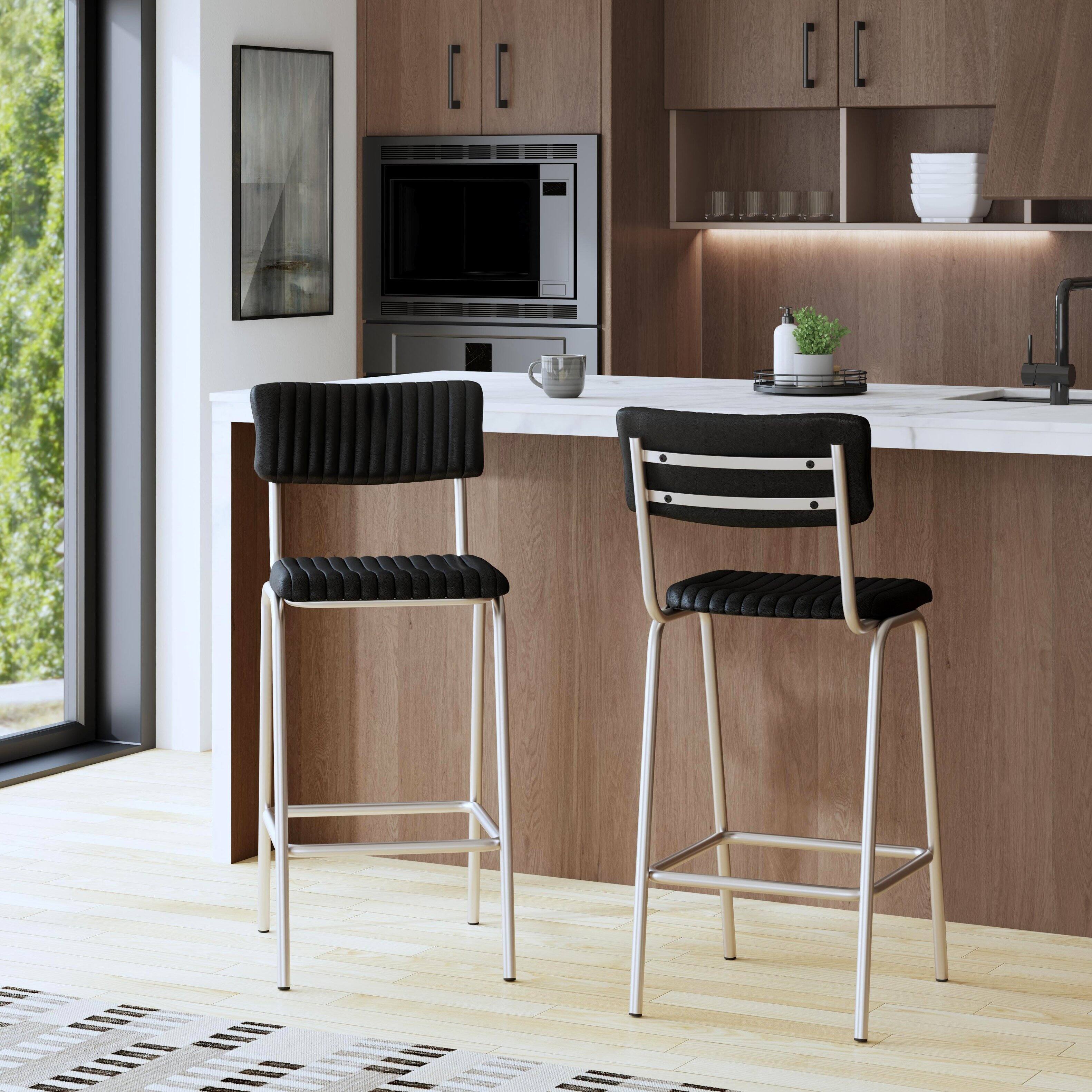 Alt View 7. Butler Specialty - Waylon 31.5 in. Seat Height Leather and Iron Bar Height Stool with Back and Footrest, Black, Silver - Black,Silver.
